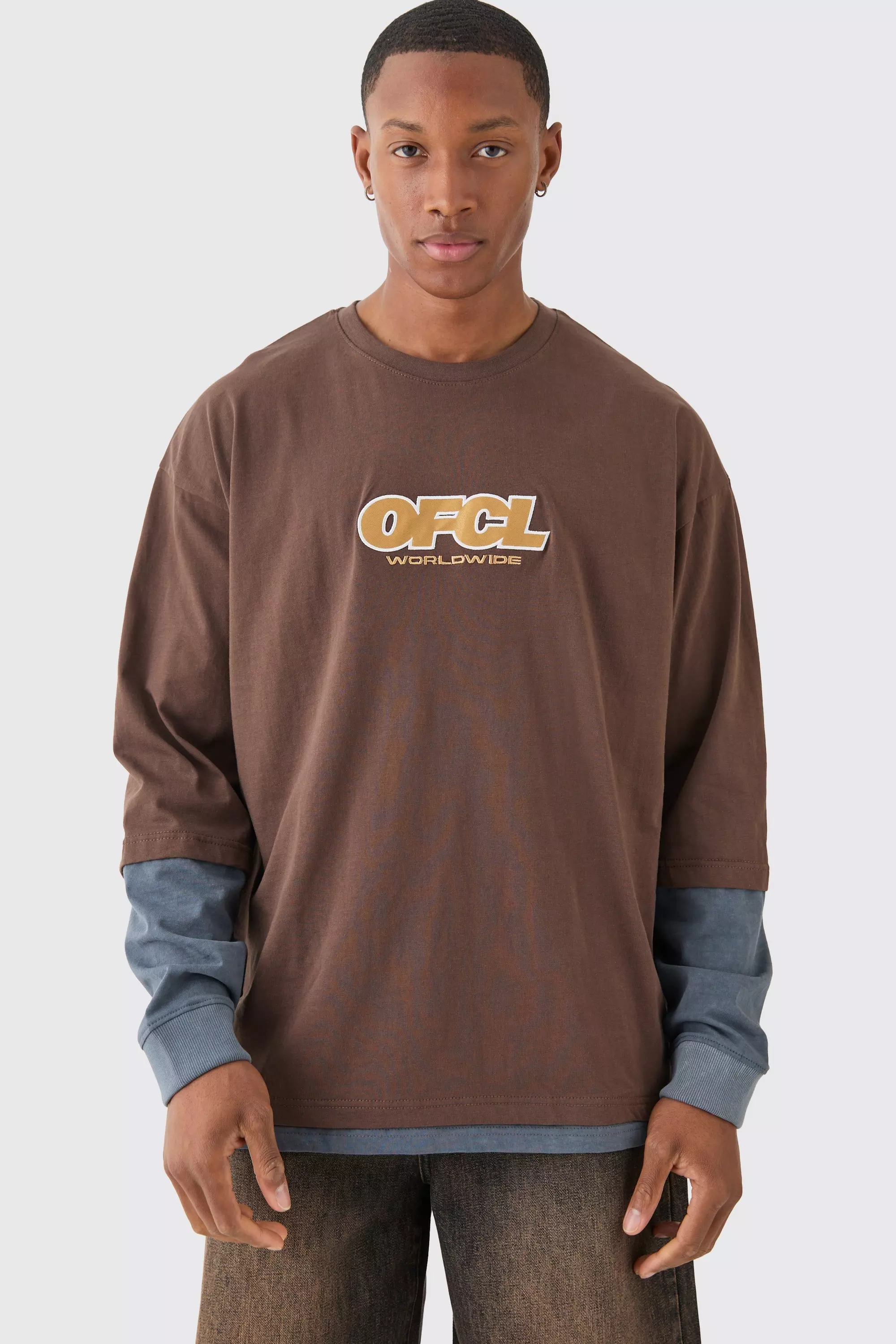 Chocolate Brown Oversized Washed Carded Heavy Ofcl Faux Layer T-shirt