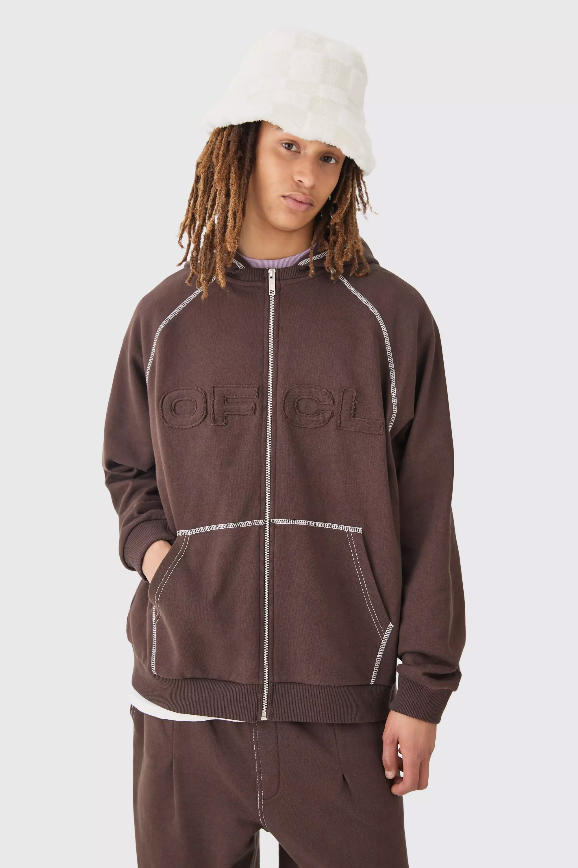 Oversized Heavyweight Contrast Stitch OFCL Applique Zip Thru Hoodie Chocolate