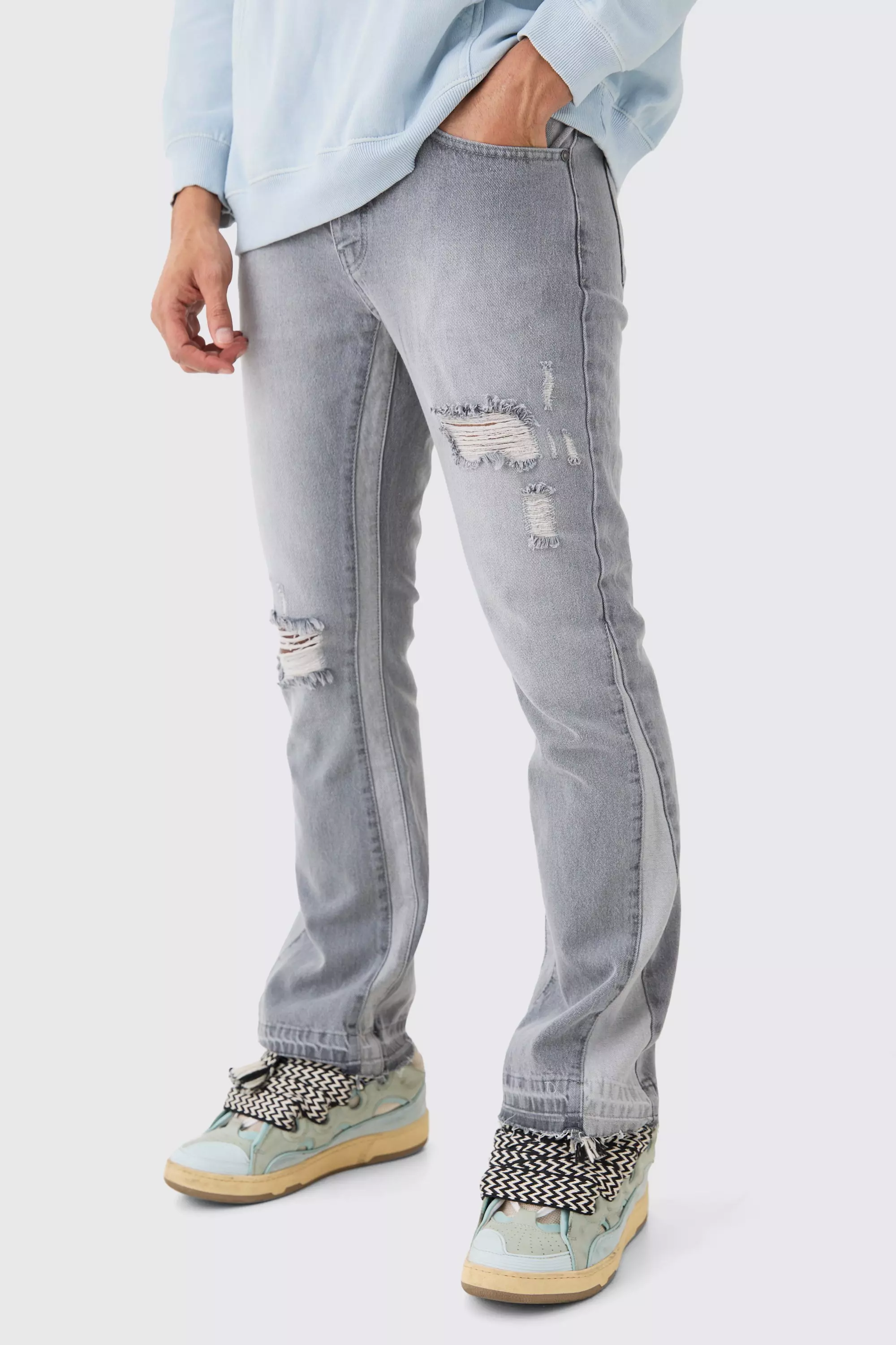 Light-grey Grey Slim Flare Distressed Gusset Panel Jeans