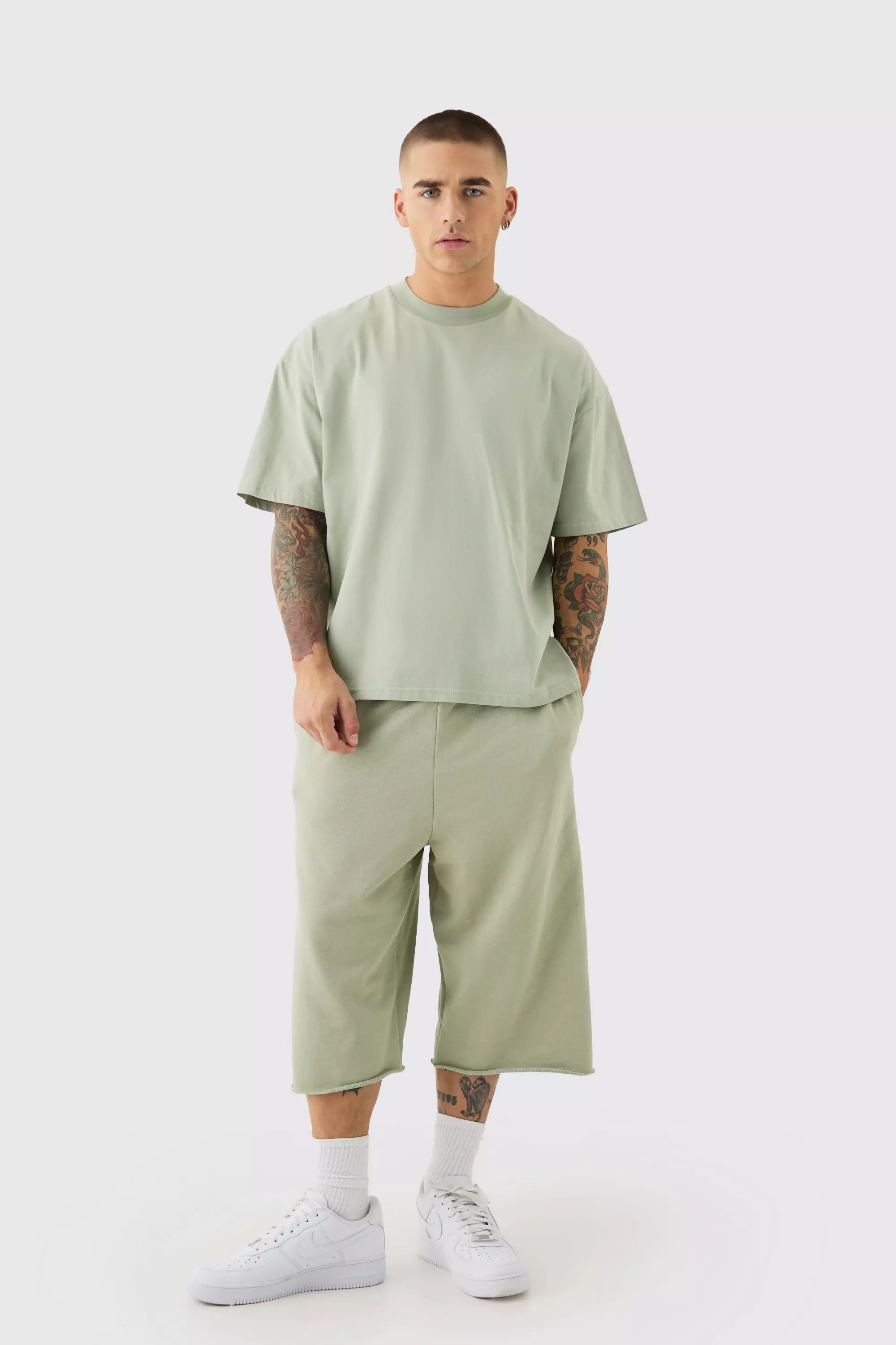 Sage Green Oversized Extended Neck Boxy Heavyweight T-shirt & Shorts Set