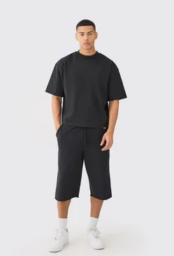 Oversized Extended Neck Boxy Heavyweight Tshirt & Shorts Set Black