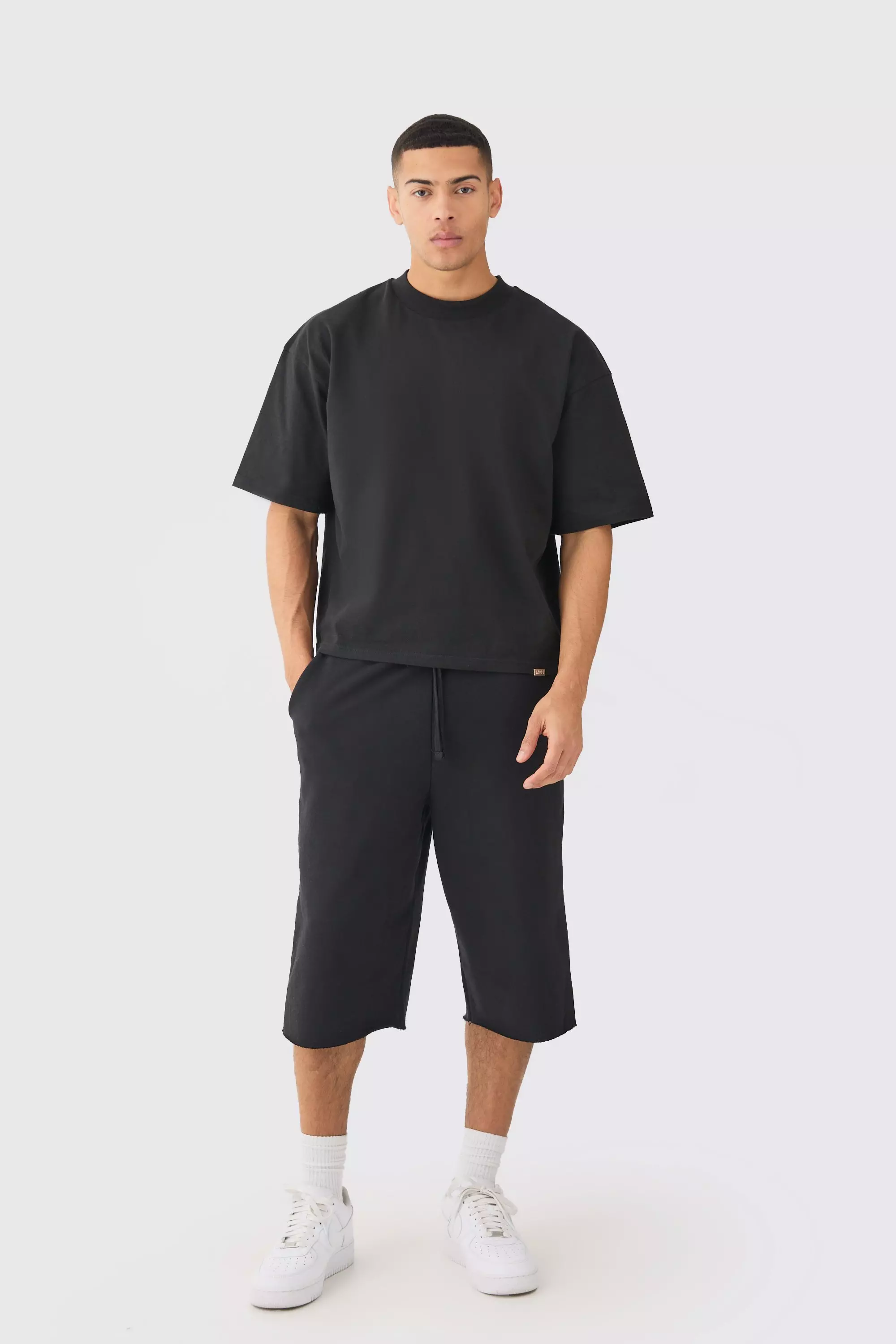 Oversized Extended Neck Boxy Heavyweight Tshirt & Shorts Set Black