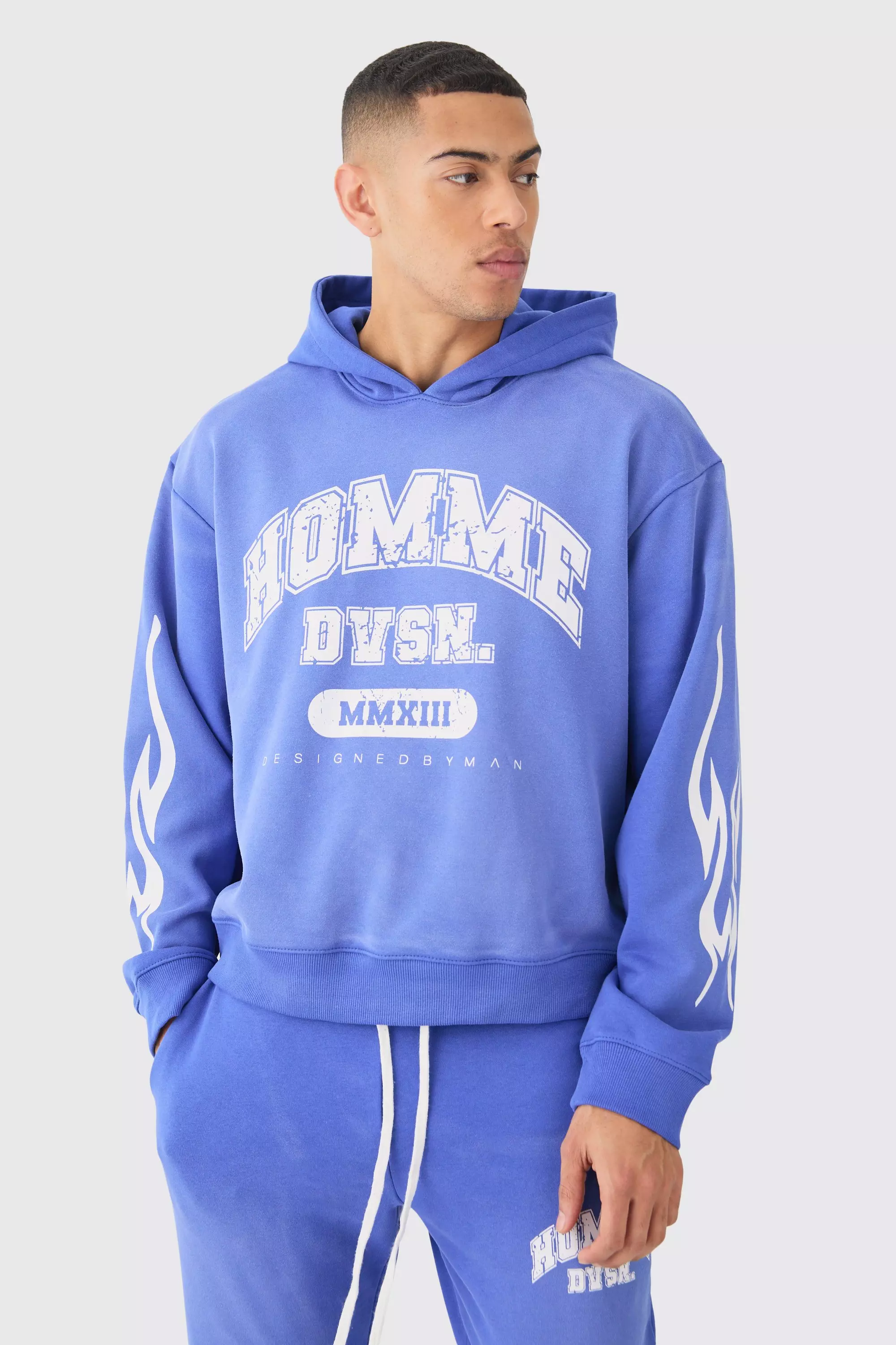 Oversized Boxy Spray Wash Homme Hoodie Cobalt