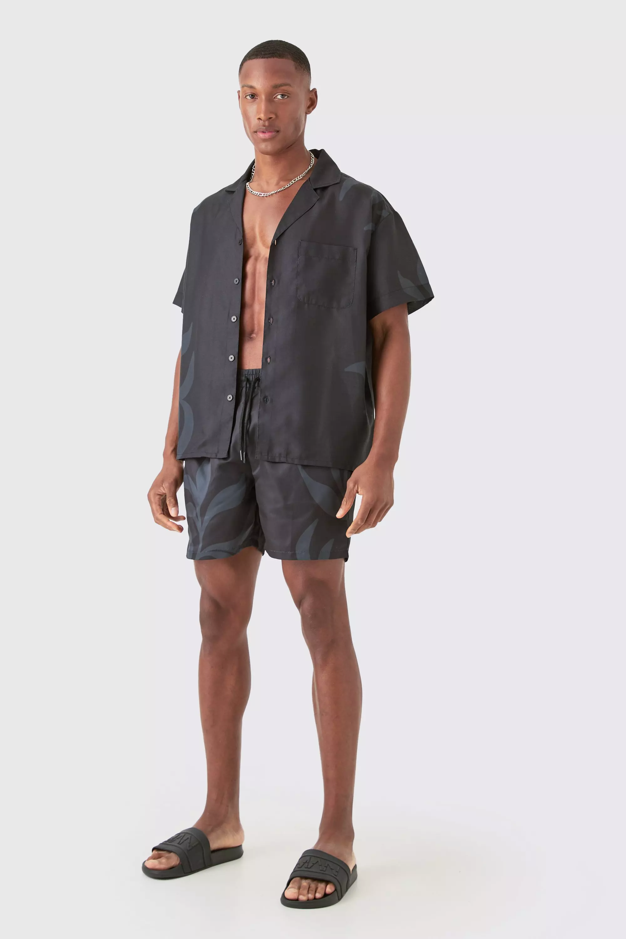 Boxy Printed Shirt And Swim Trunks Set Black