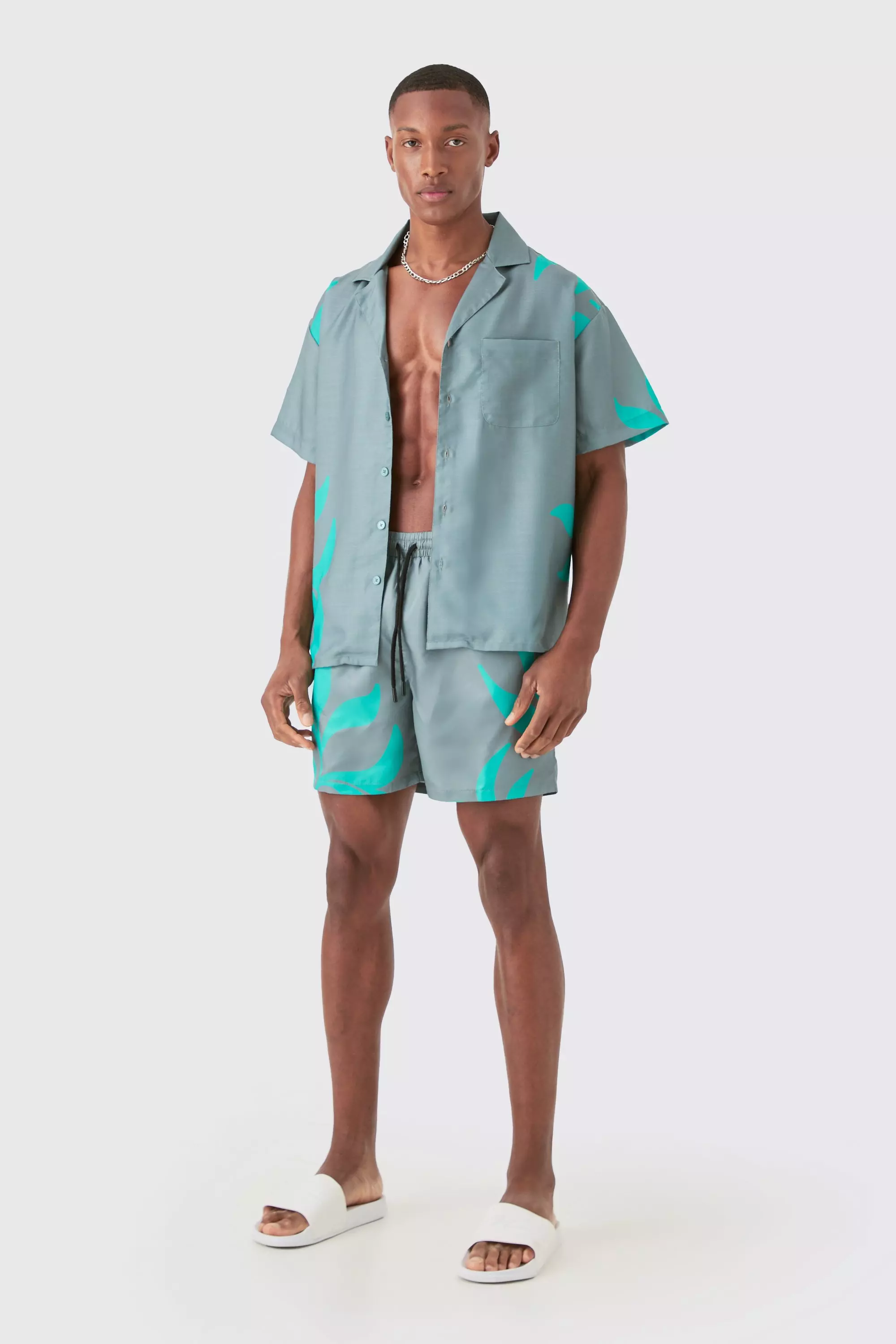 Boxy Printed Shirt And Swim Short Set Grey