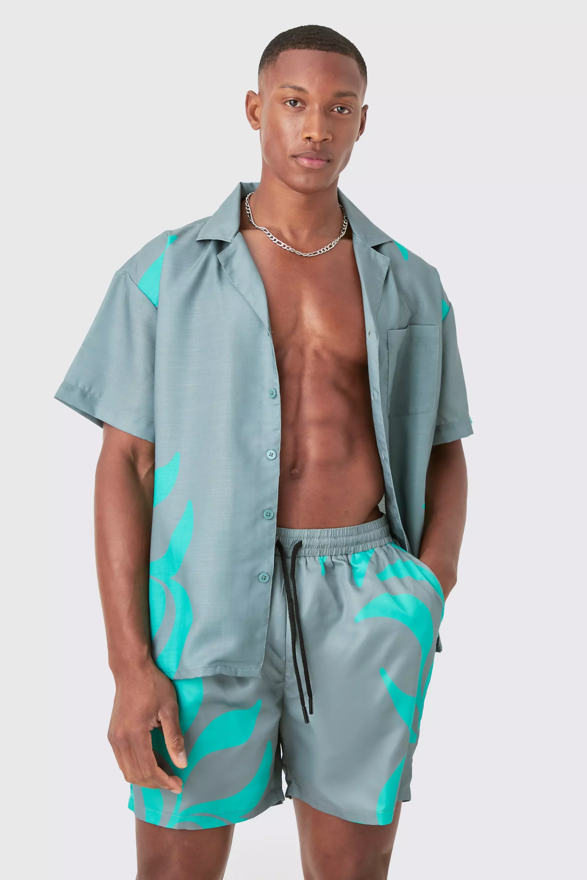 Boxy Printed Shirt And Swim Short Set boohooMAN