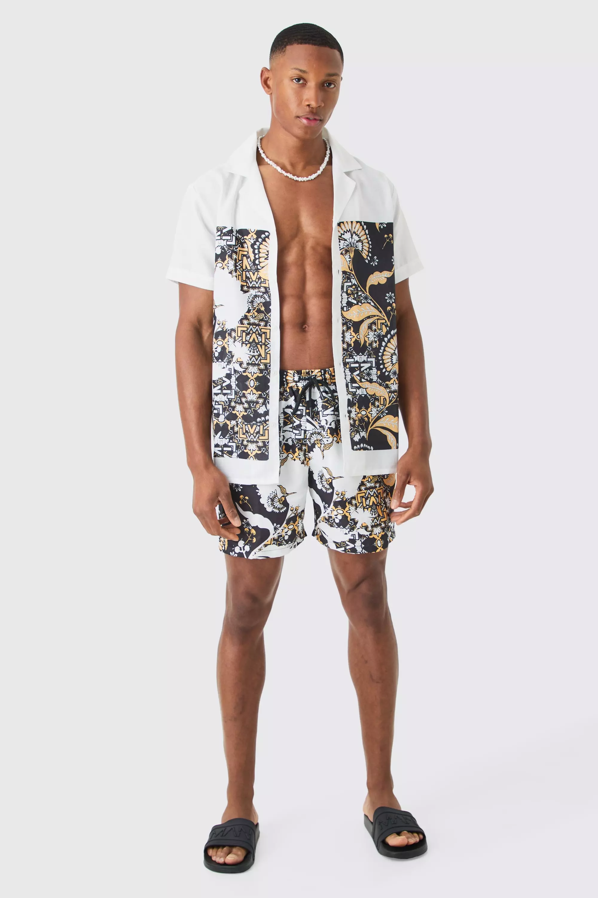 Regular Printed Shirt And Swim Trunks Set Black