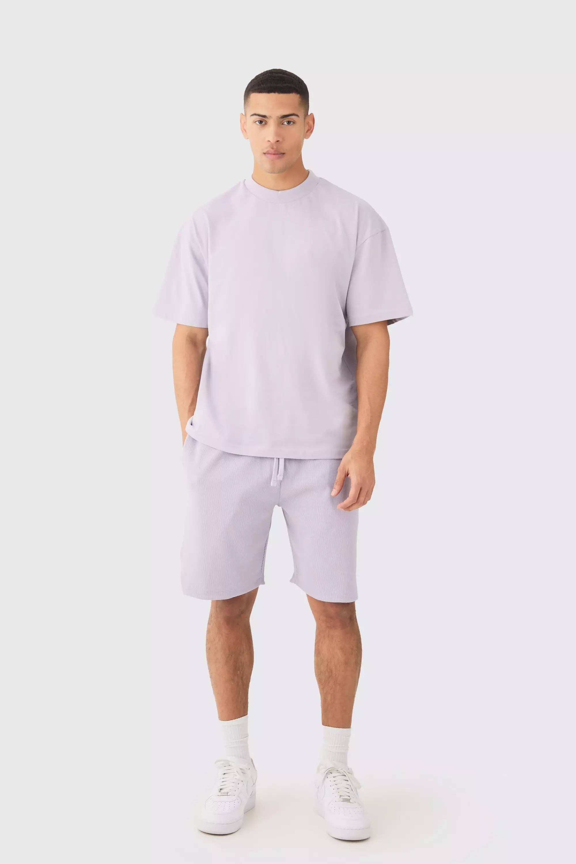 Oversized Heavyweight T-shirt & Ribbed Shorts Set Lilac