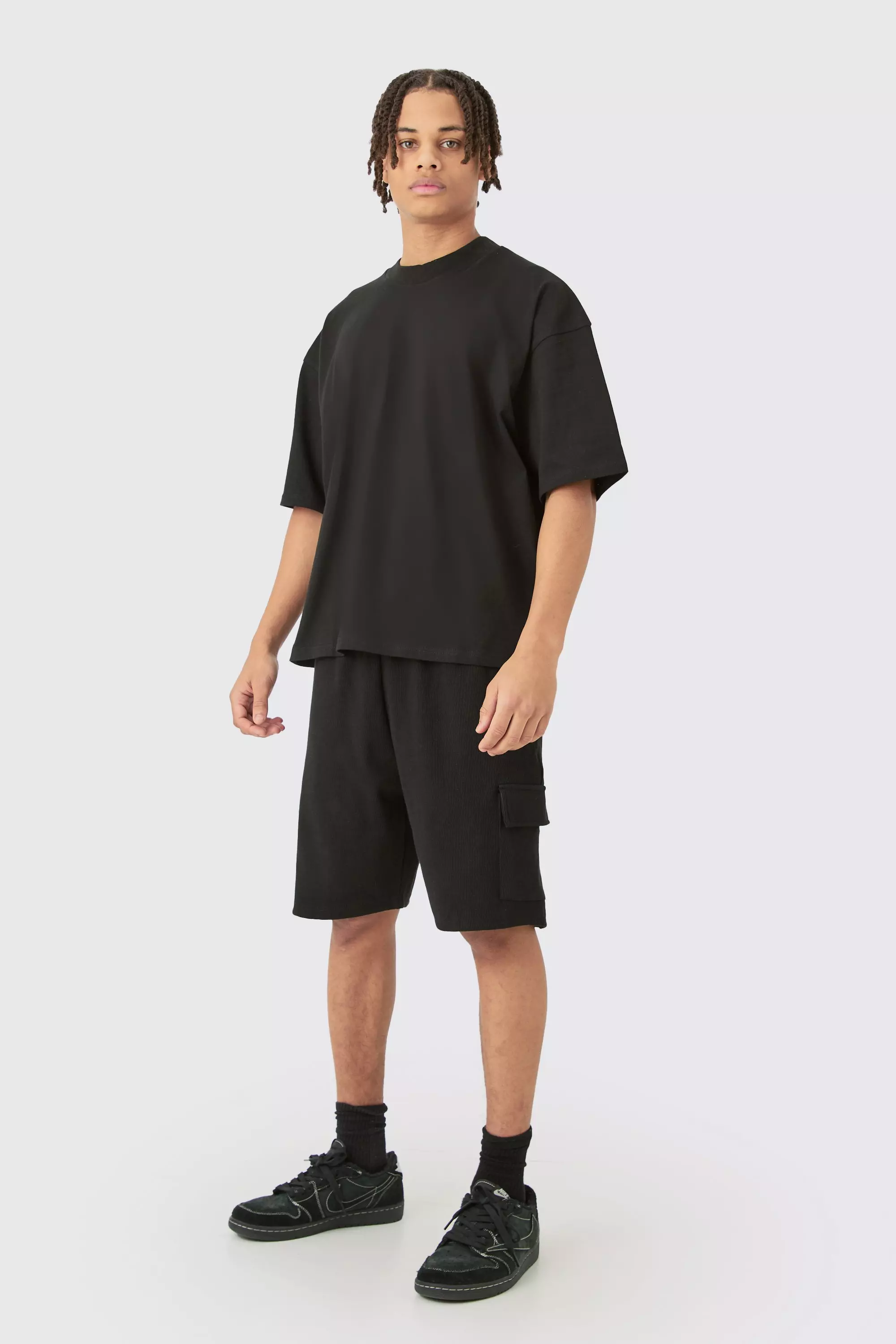 Oversized Boxy Heavyweight Tshirt & Ribbed Cargo Shorts Set Black