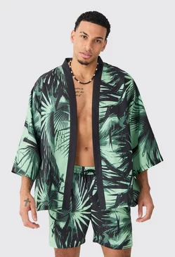 Sage Green Oversized Printed Kimono Shirt And Swim Short Set