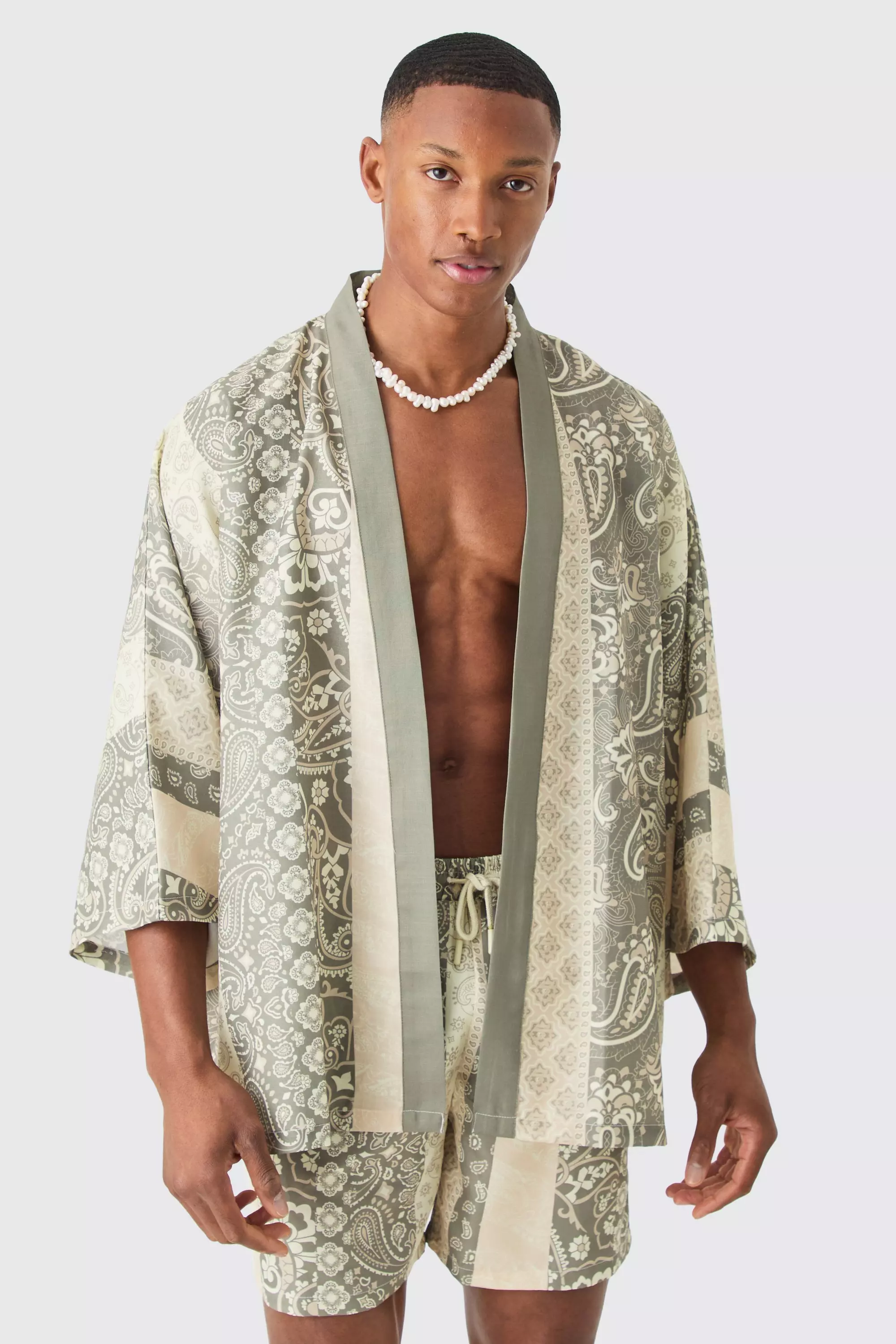 Oversized Printed Kimono Shirt And Swim Short Set Grey