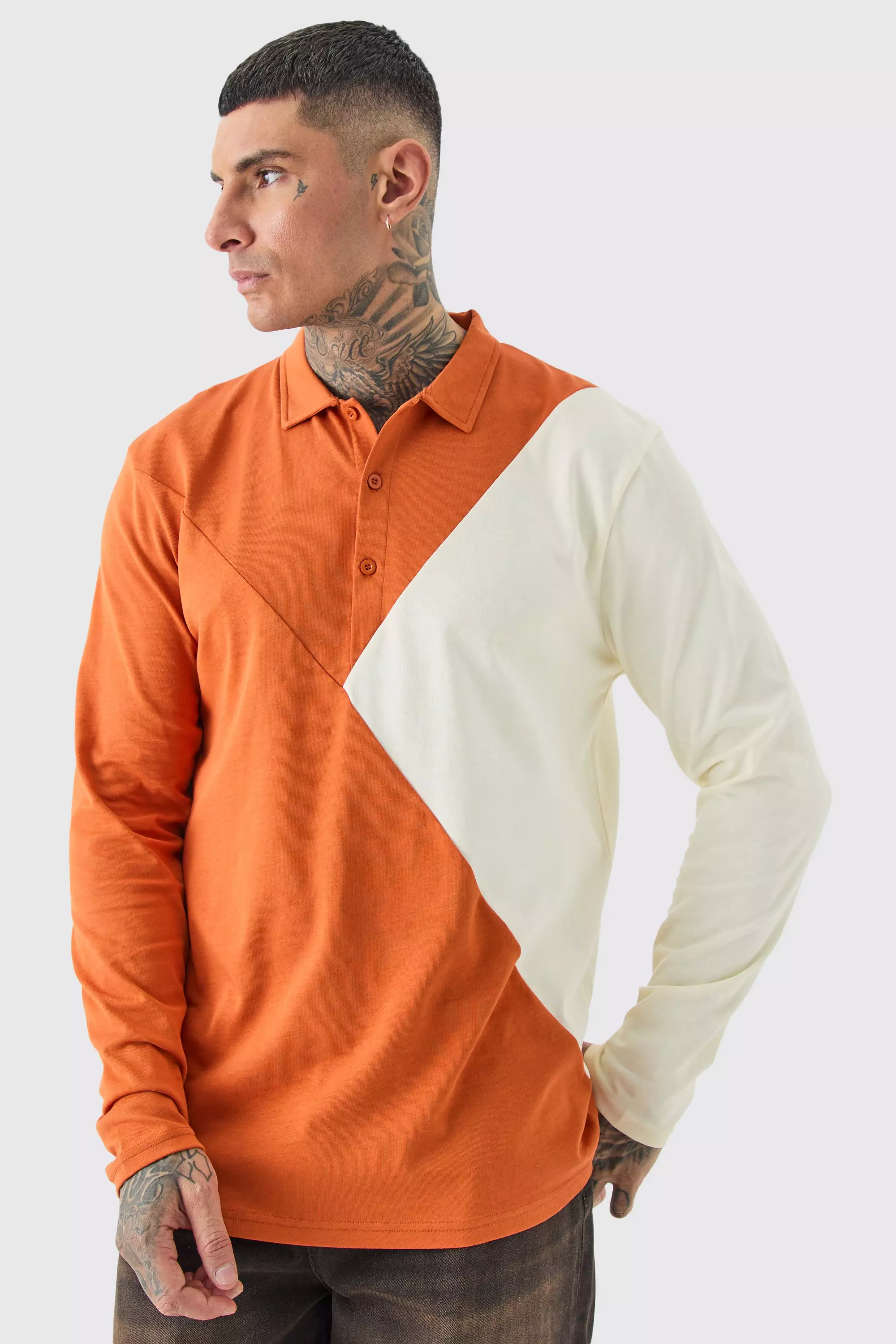 Tall Colour Block Long Sleeve Polo Rust