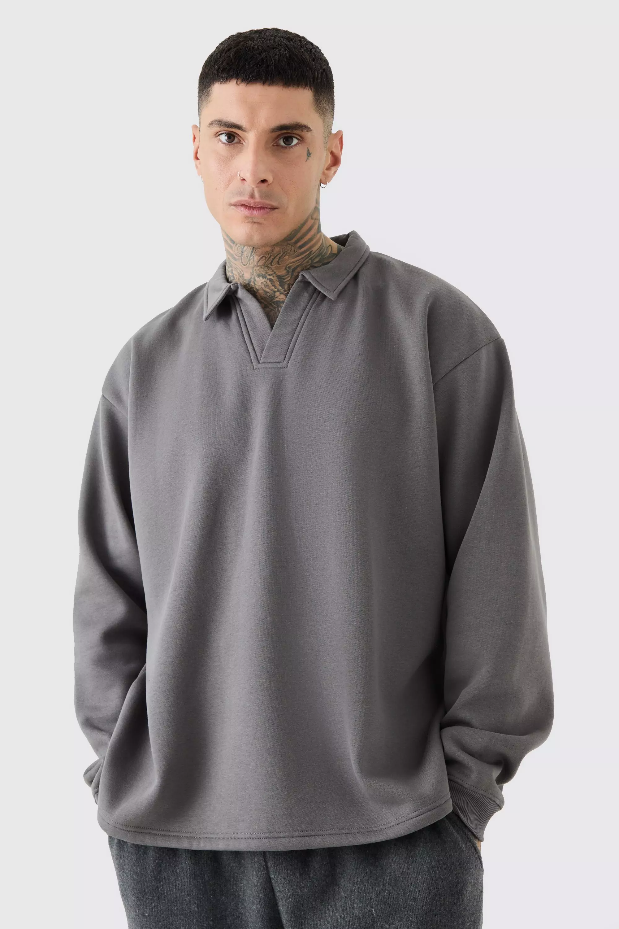 Tall Oversized Revere Rugby Sweatshirt Polo Charcoal