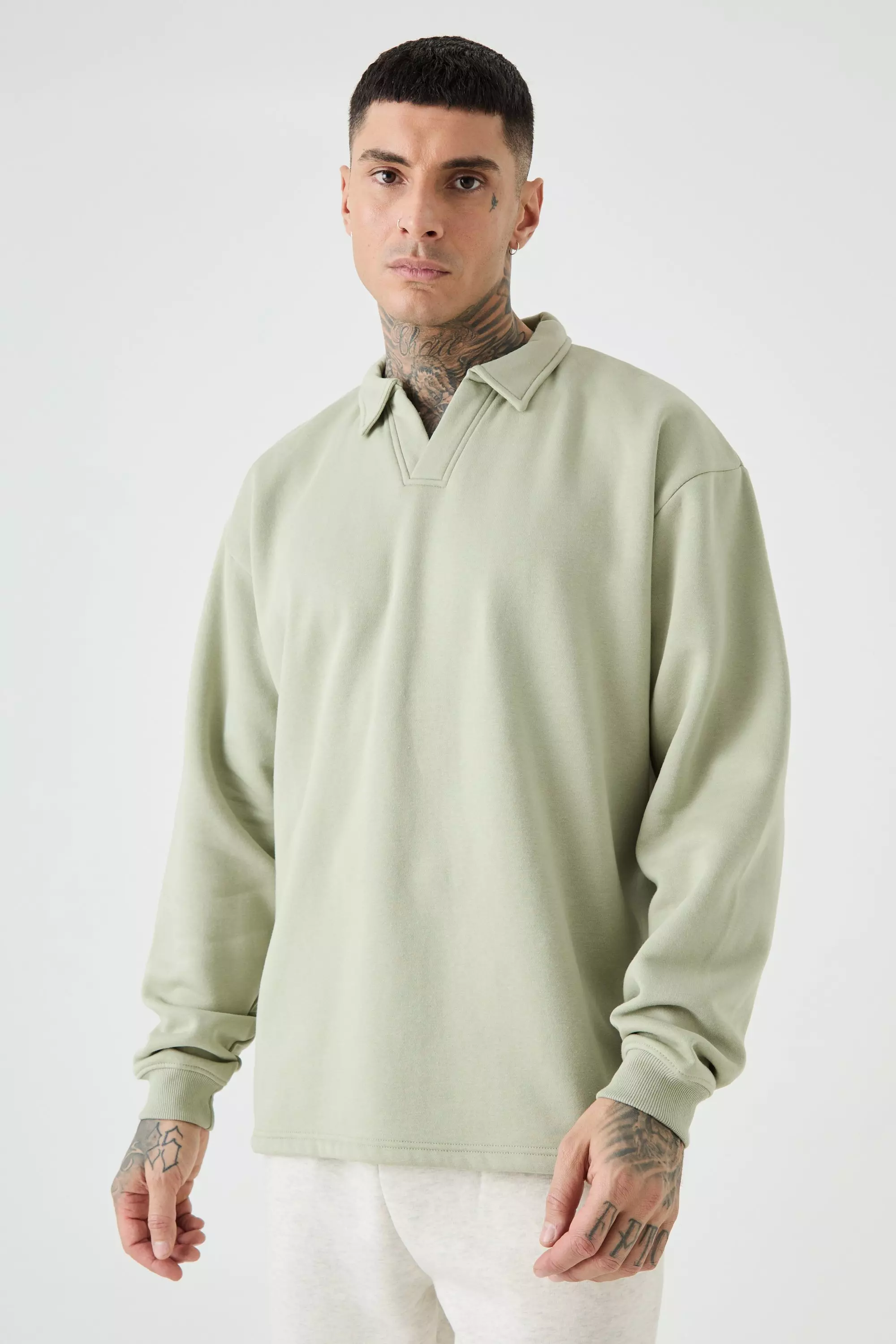 Sage Green Tall Oversized Revere Rugby Sweatshirt Polo