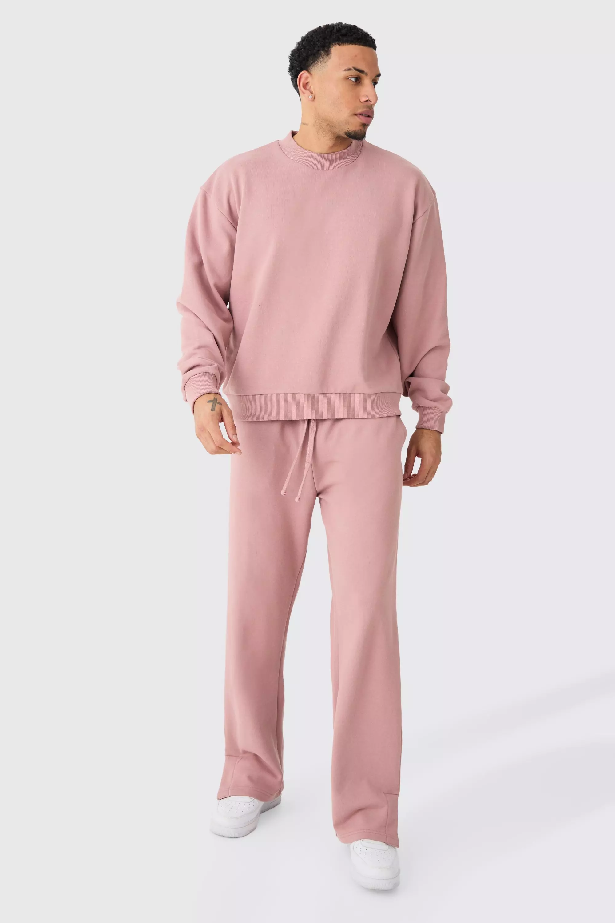 Oversized Extended Neck Heavy Sweatshirt Split Hem Tracksuit Rose