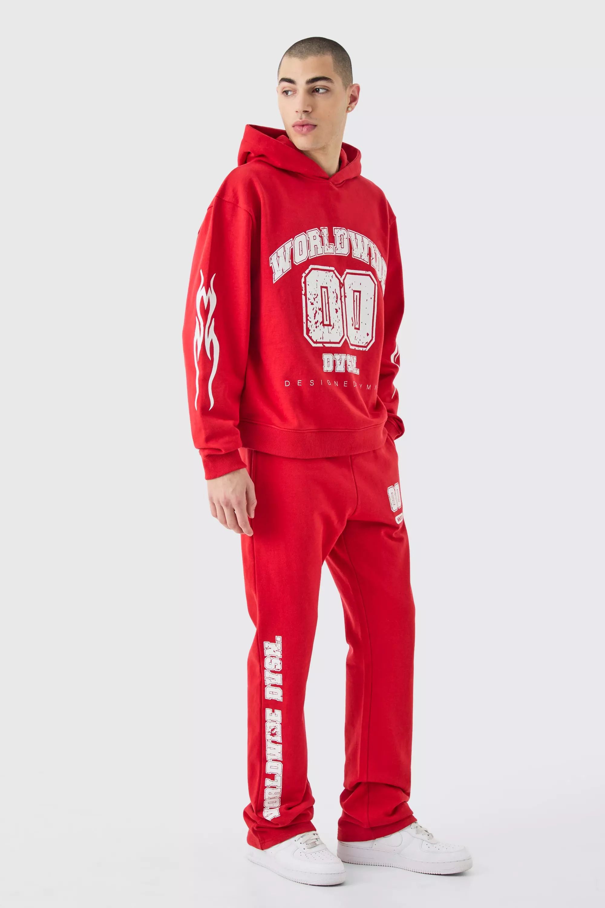 Red Oversized Boxy Worldwide Varsity Hooded Tracksuit