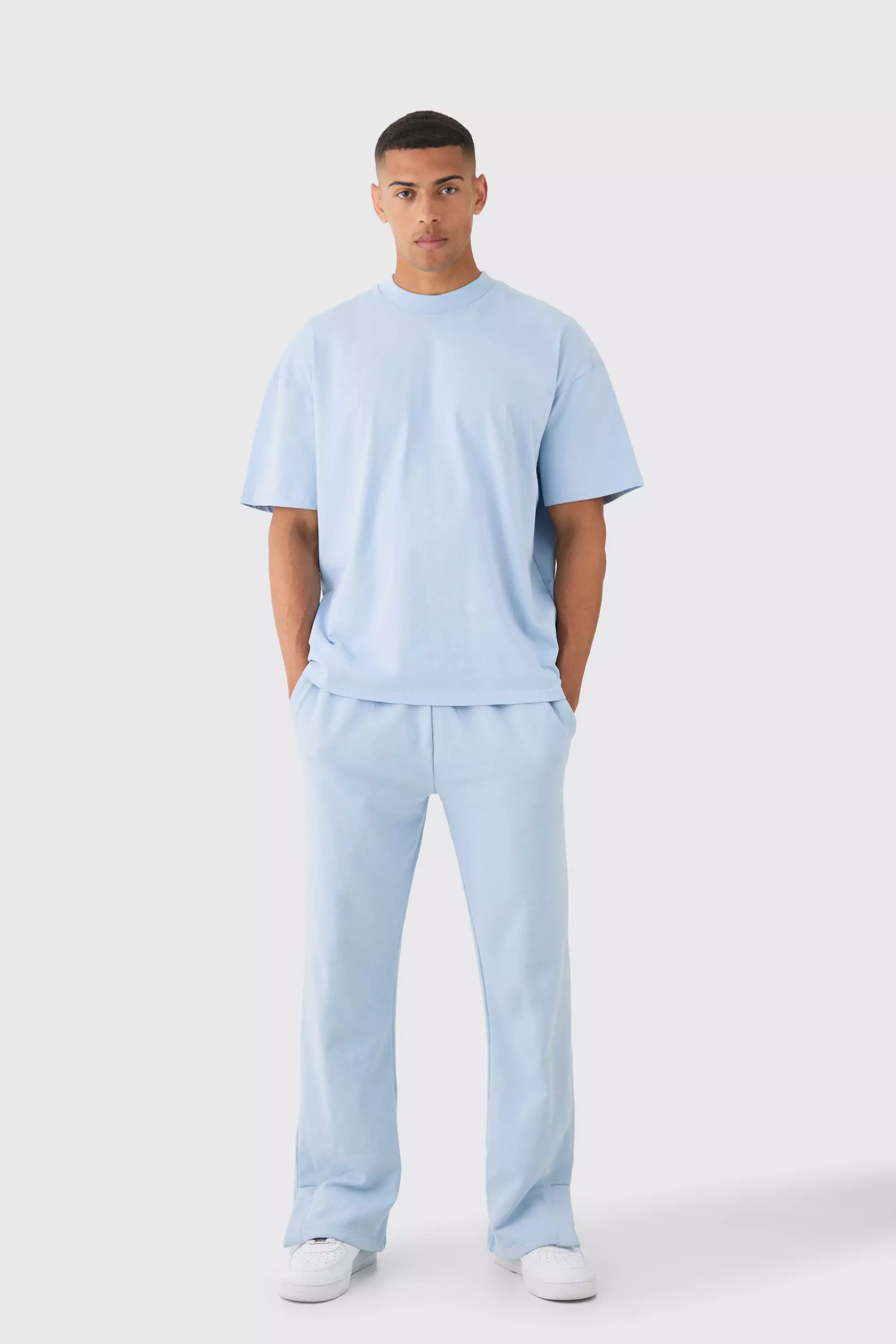 Oversized Extended Neck Heavy Tee And Jogger Set Light blue