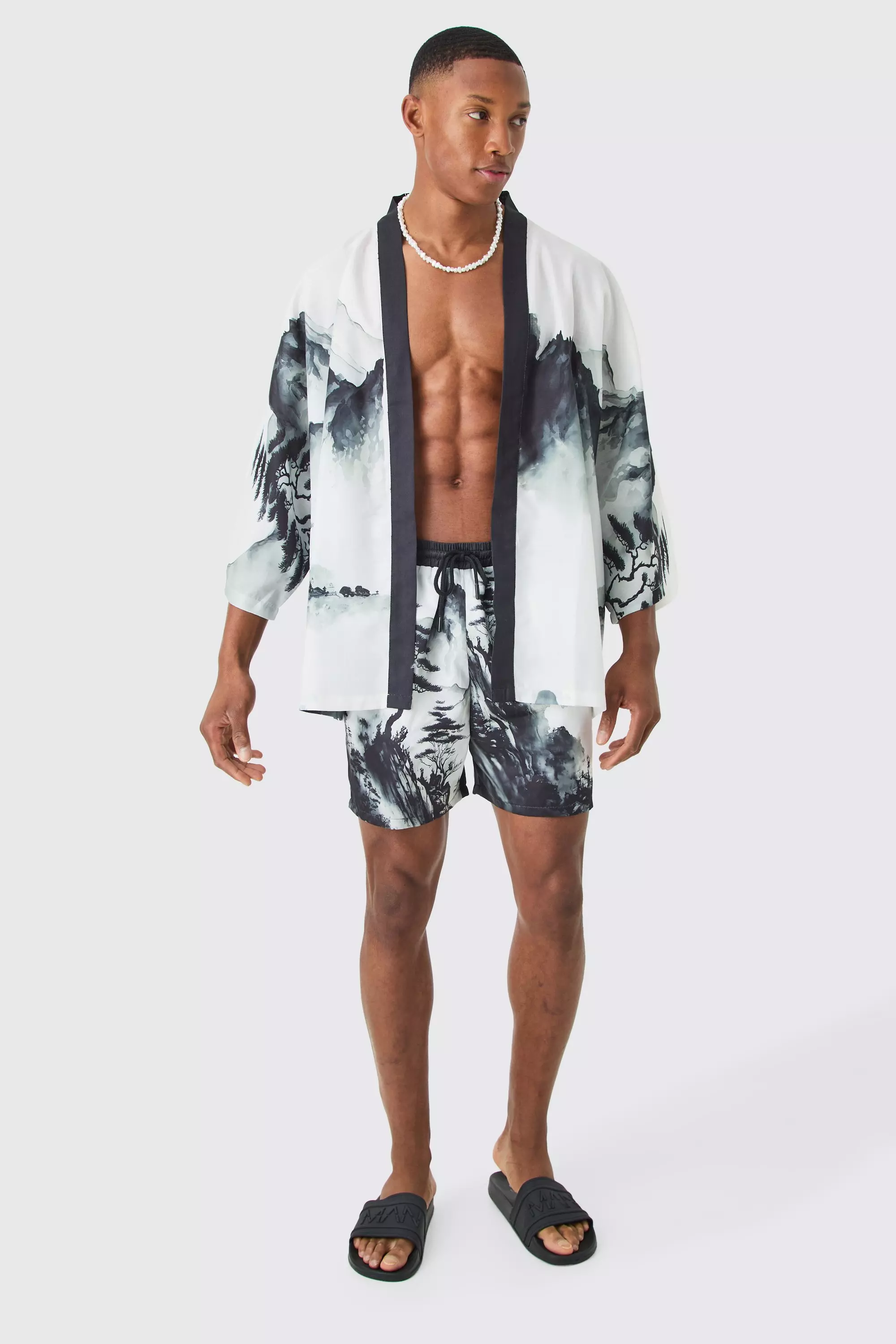 Oversized Printed Kimono Shirt And Swim Trunks Set boohooMAN USA