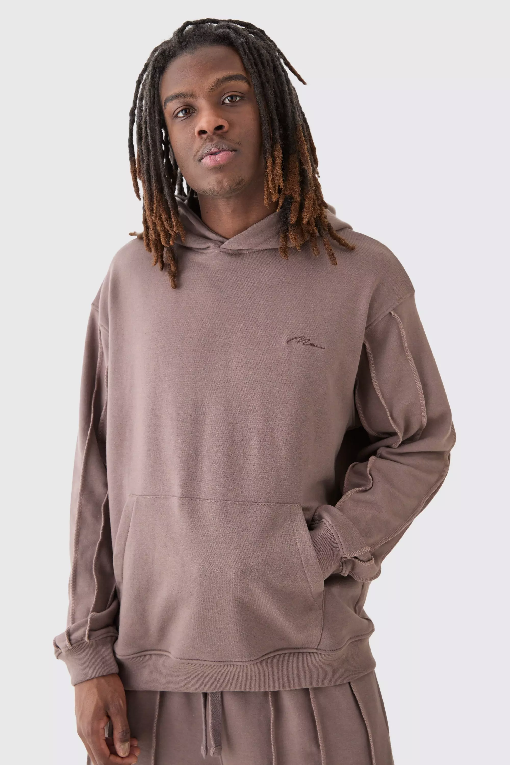 Oversized Raw Seam Man Signature Embroidered Hoodie Taupe