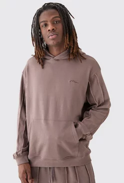 Oversized Raw Seam Man Signature Embroidered Hoodie Taupe