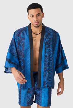 Blue Oversized Printed Kimono Shirt And Swim Short Set