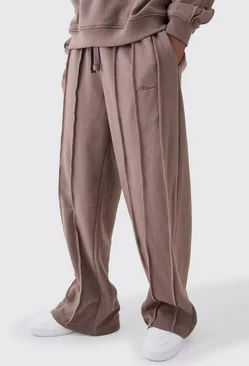Wide Leg Raw Seam Man Embroidered Joggers Taupe