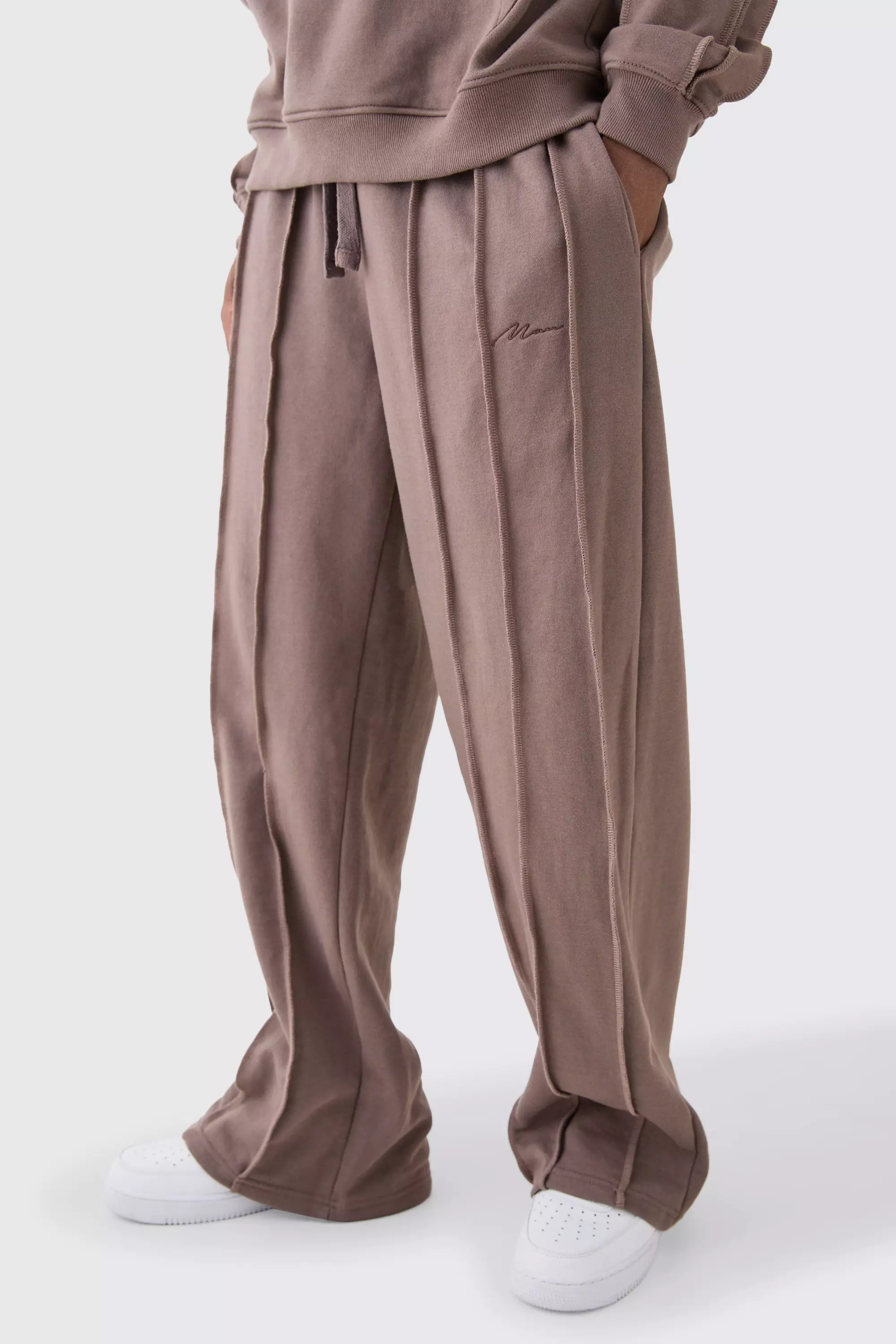 Wide Leg Raw Seam Man Embroidered Joggers Taupe
