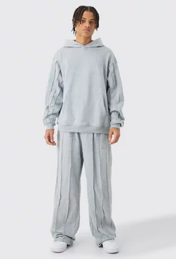 Grey Oversized Raw Seam Man Sig Embroidered Hooded Tracksuit