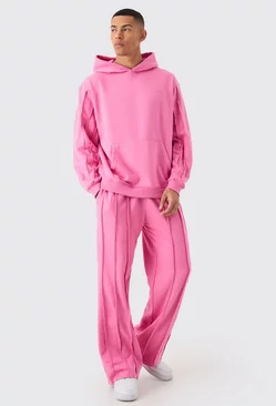 Oversized Raw Seam Man Sig Embroidered Hooded Tracksuit Pink