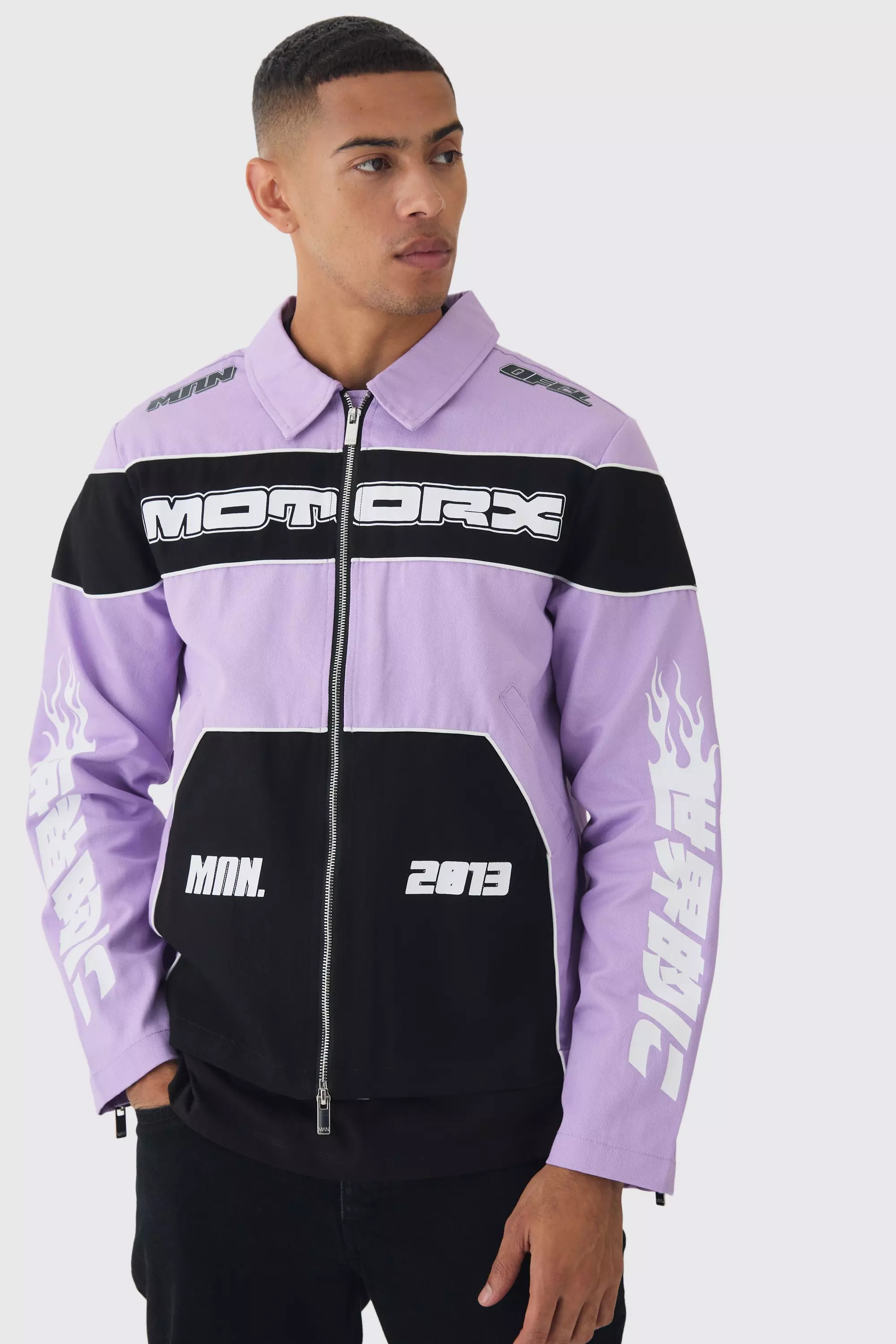 Collared Twill Moto Jacket Lilac