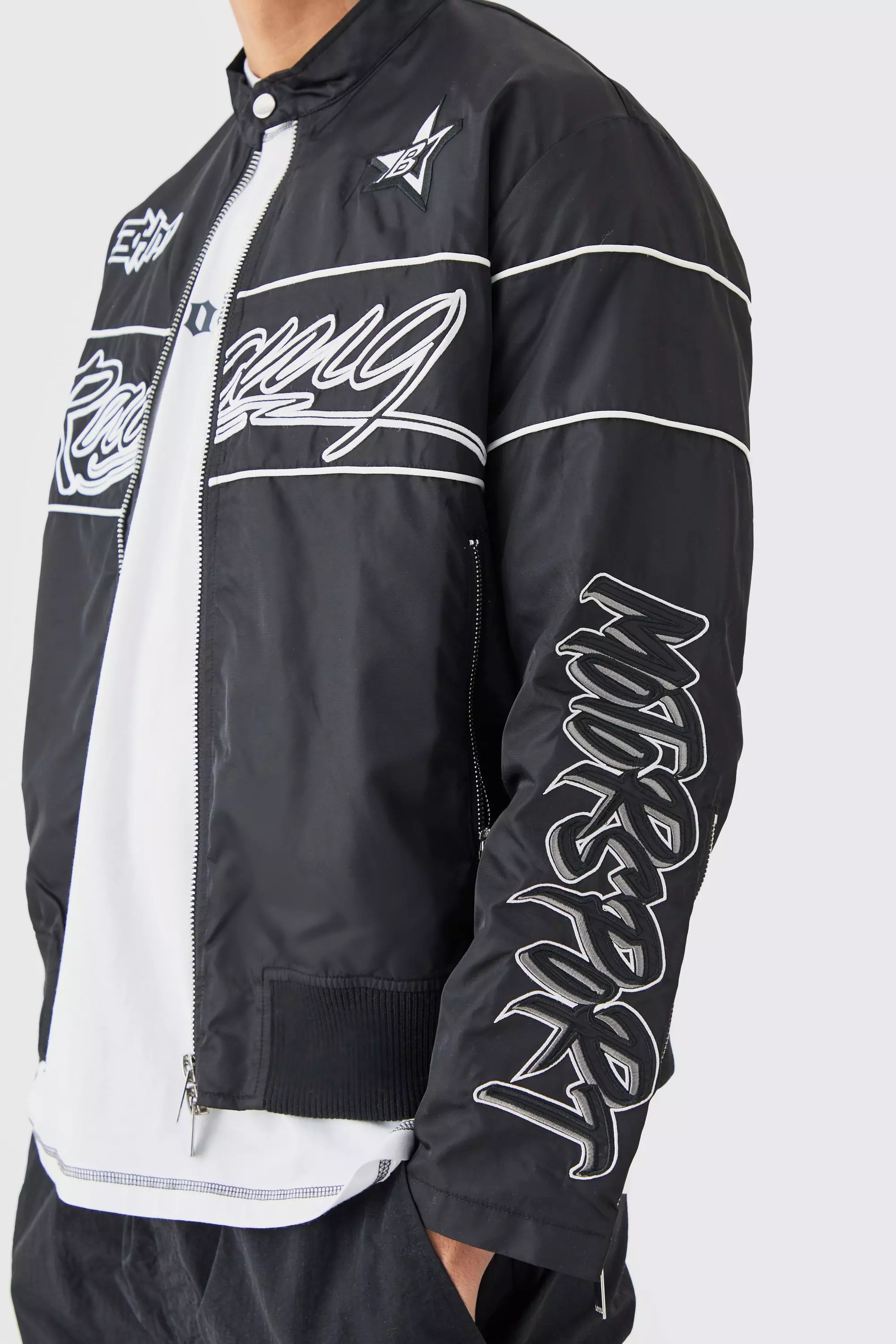 Boxy Nylon Collarless Moto Jacket | boohooMAN USA