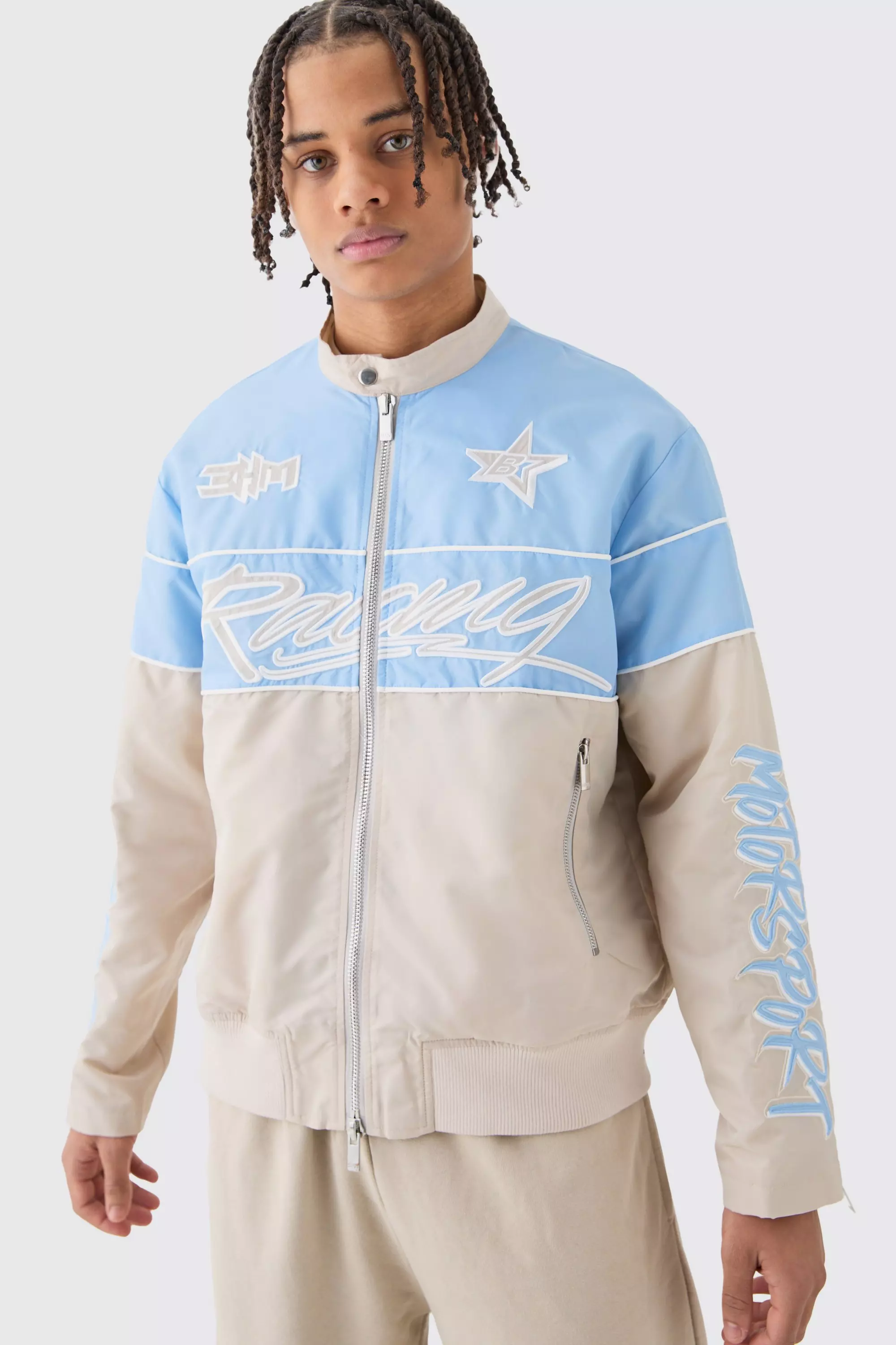 Boxy Nylon Collarless Moto Jacket Light blue