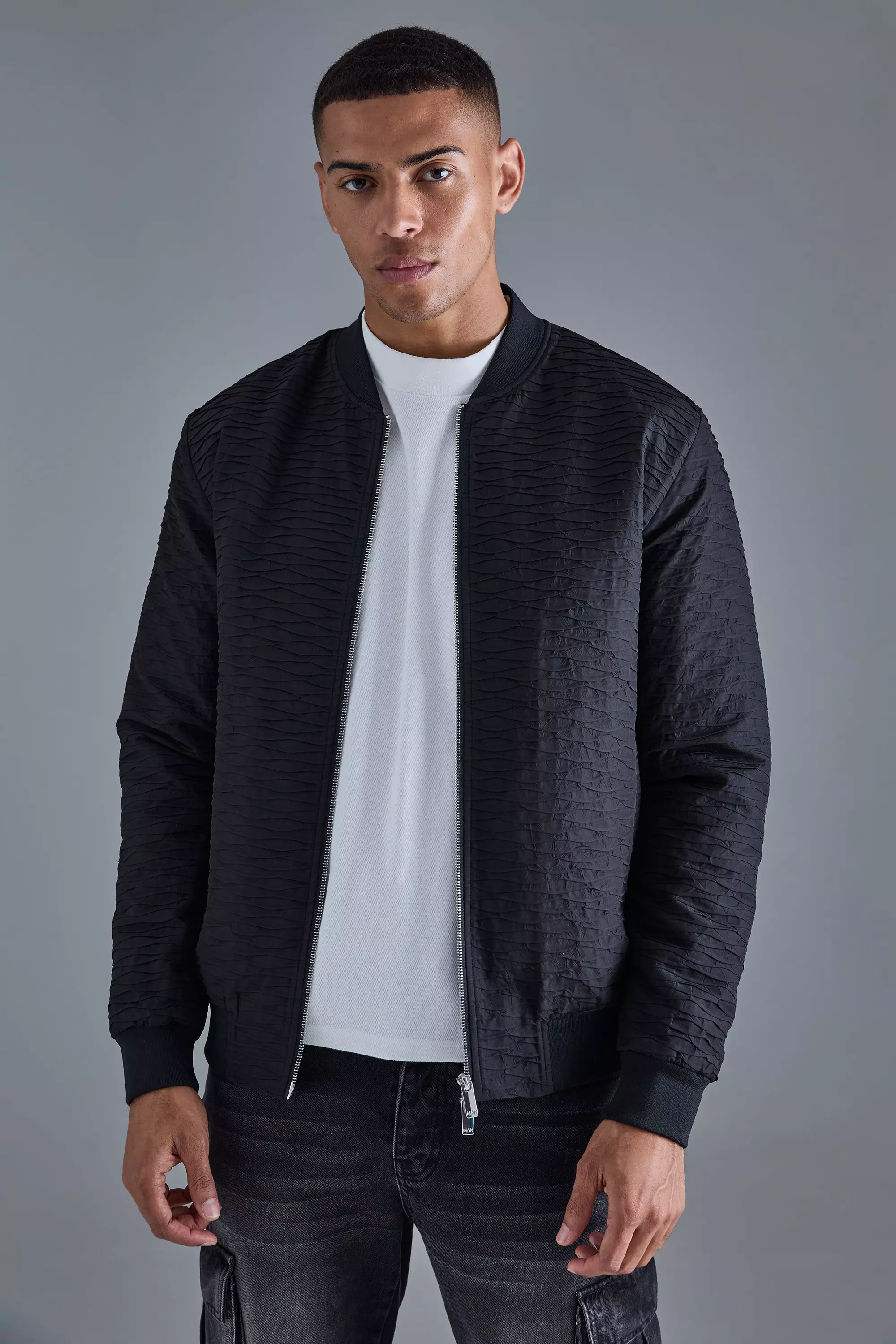 Black Ruched Effect Bomber Jacket