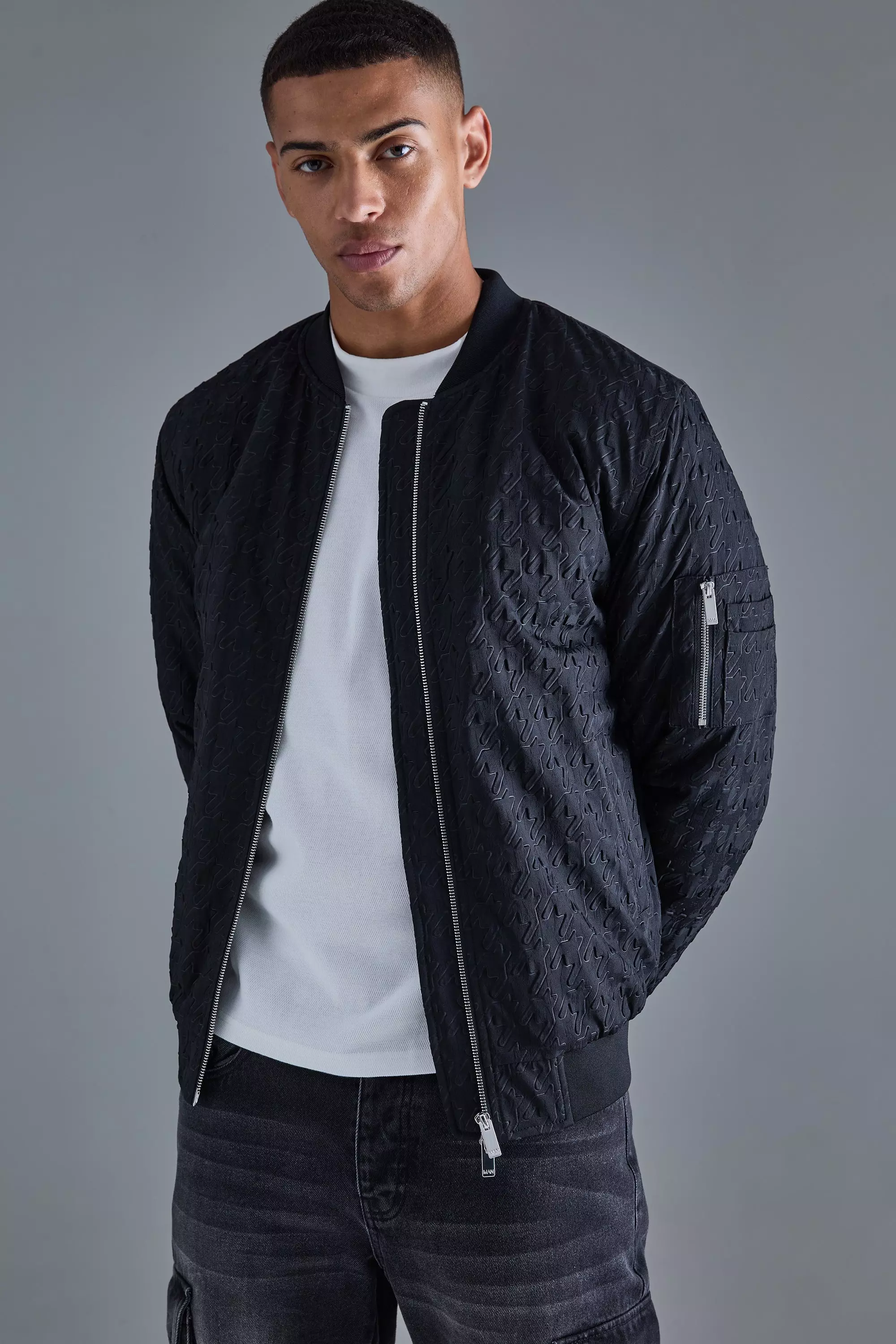 Embossed Dogtooth Bomber Jacket Black