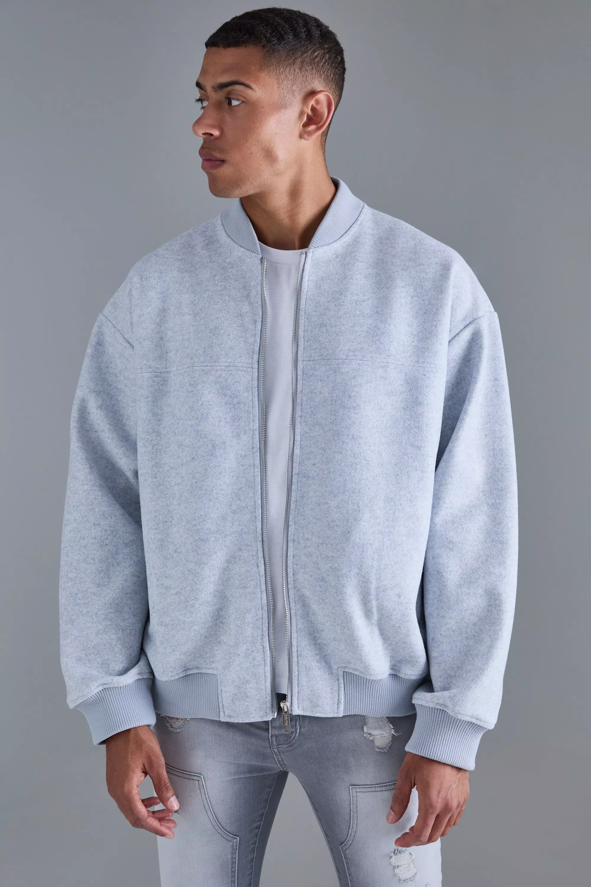 Oversized Salt And Pepper Melton Bomber Jacket boohooMAN USA