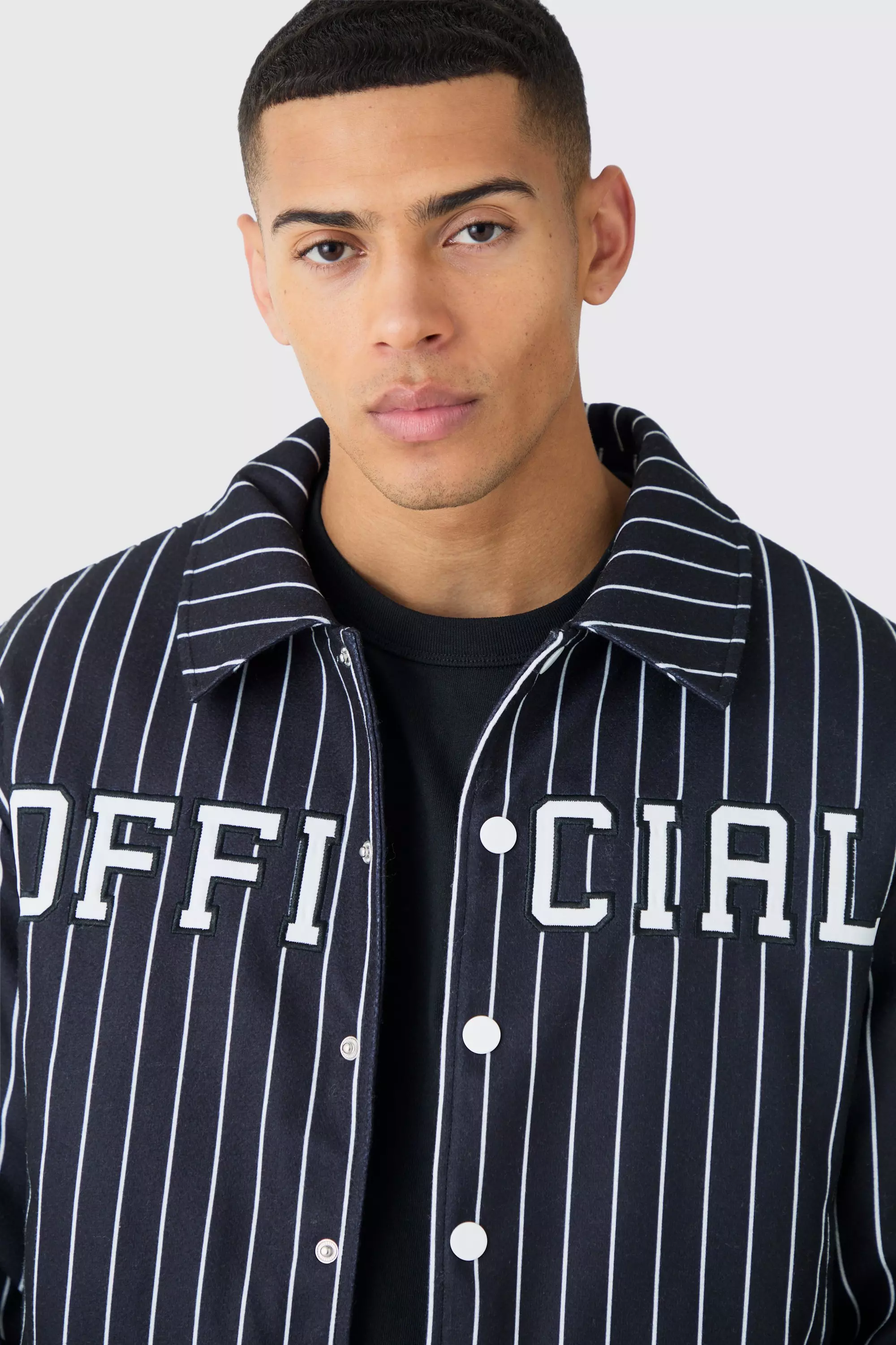 Pinstripe varsity jacket online