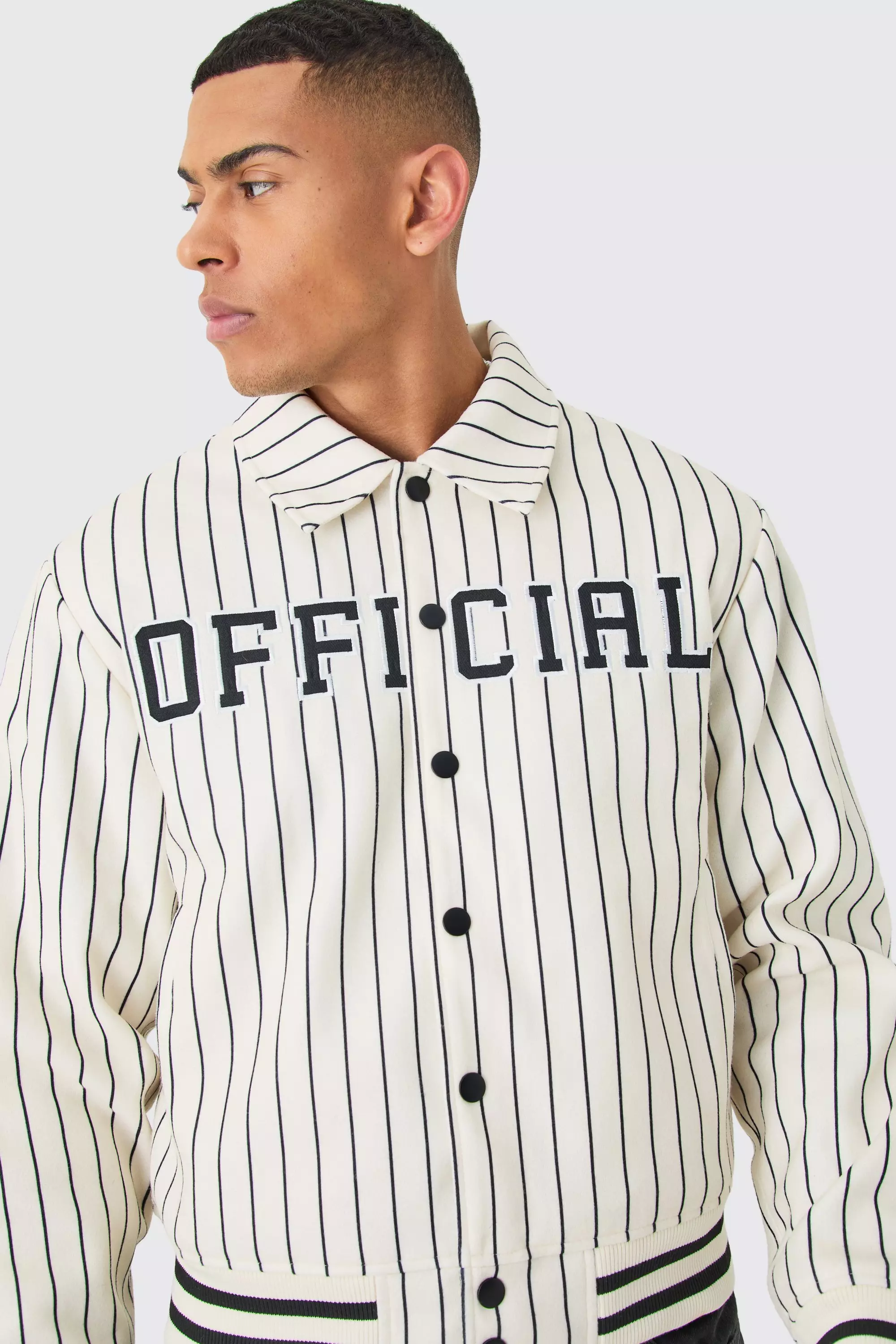 Official Pinstripe Varsity Bomber Jacket boohooMAN USA