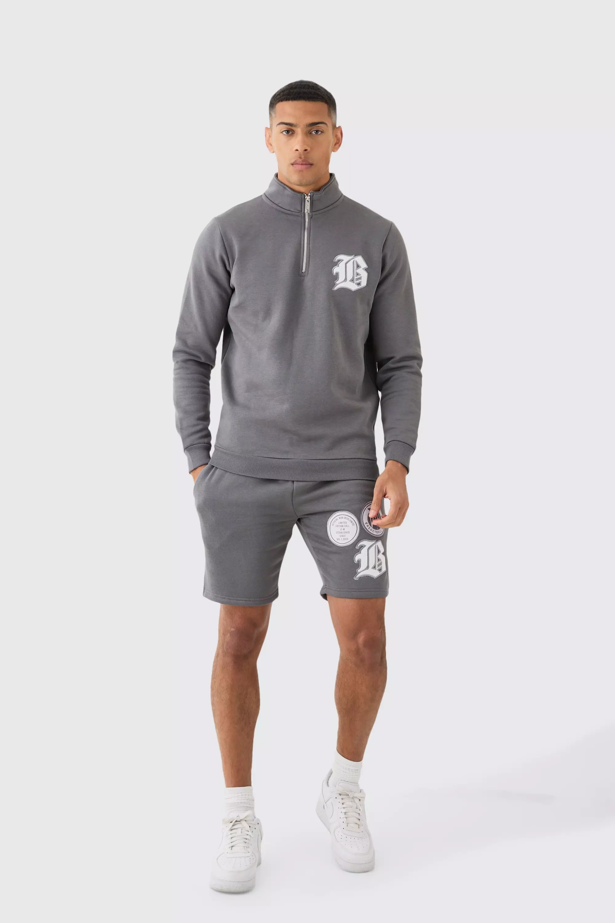 Charcoal Grey B Applique Funnel Neck Short Tracksuit