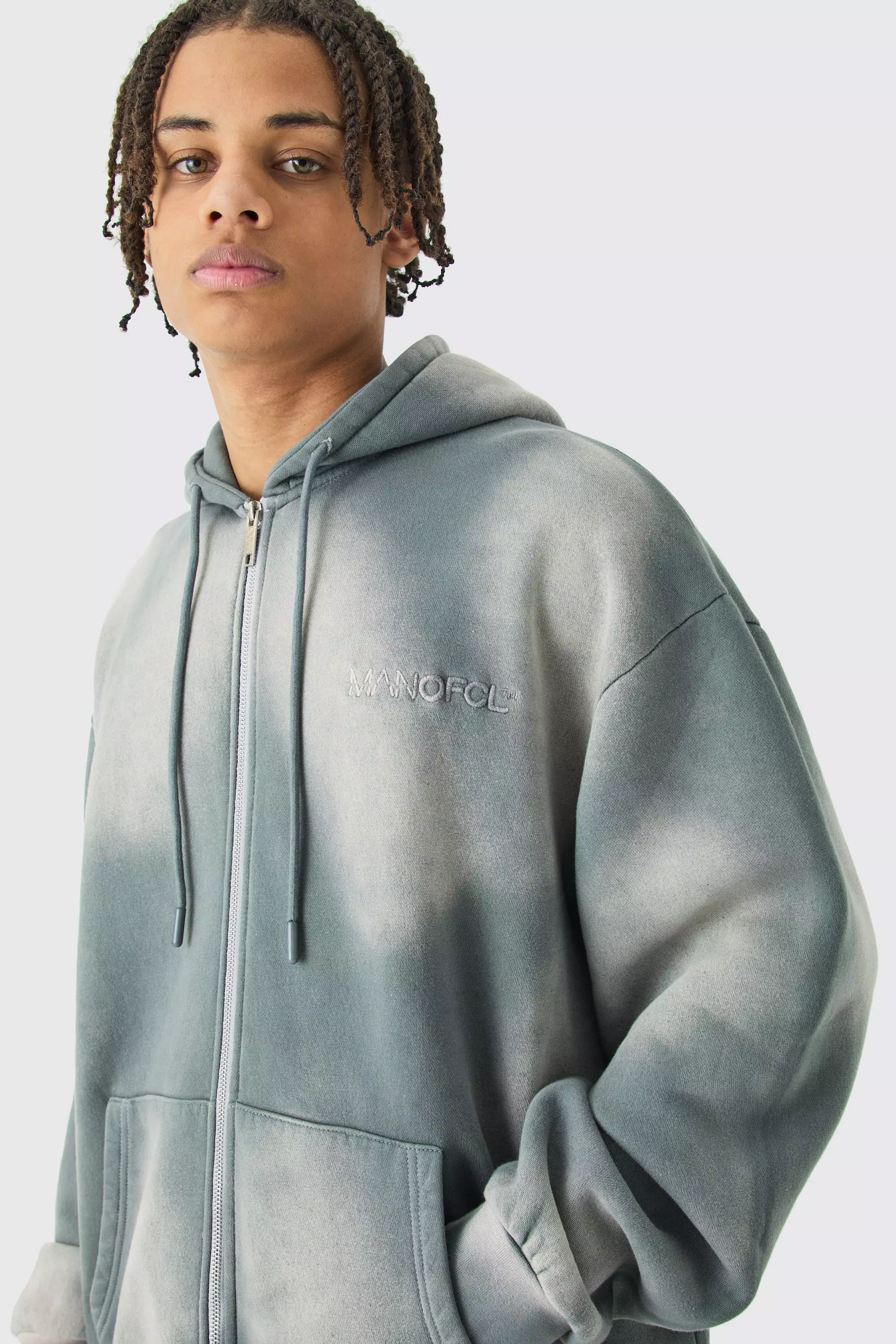 Man Oversized Sun Bleach Washed Zip Through Hoodie Grey