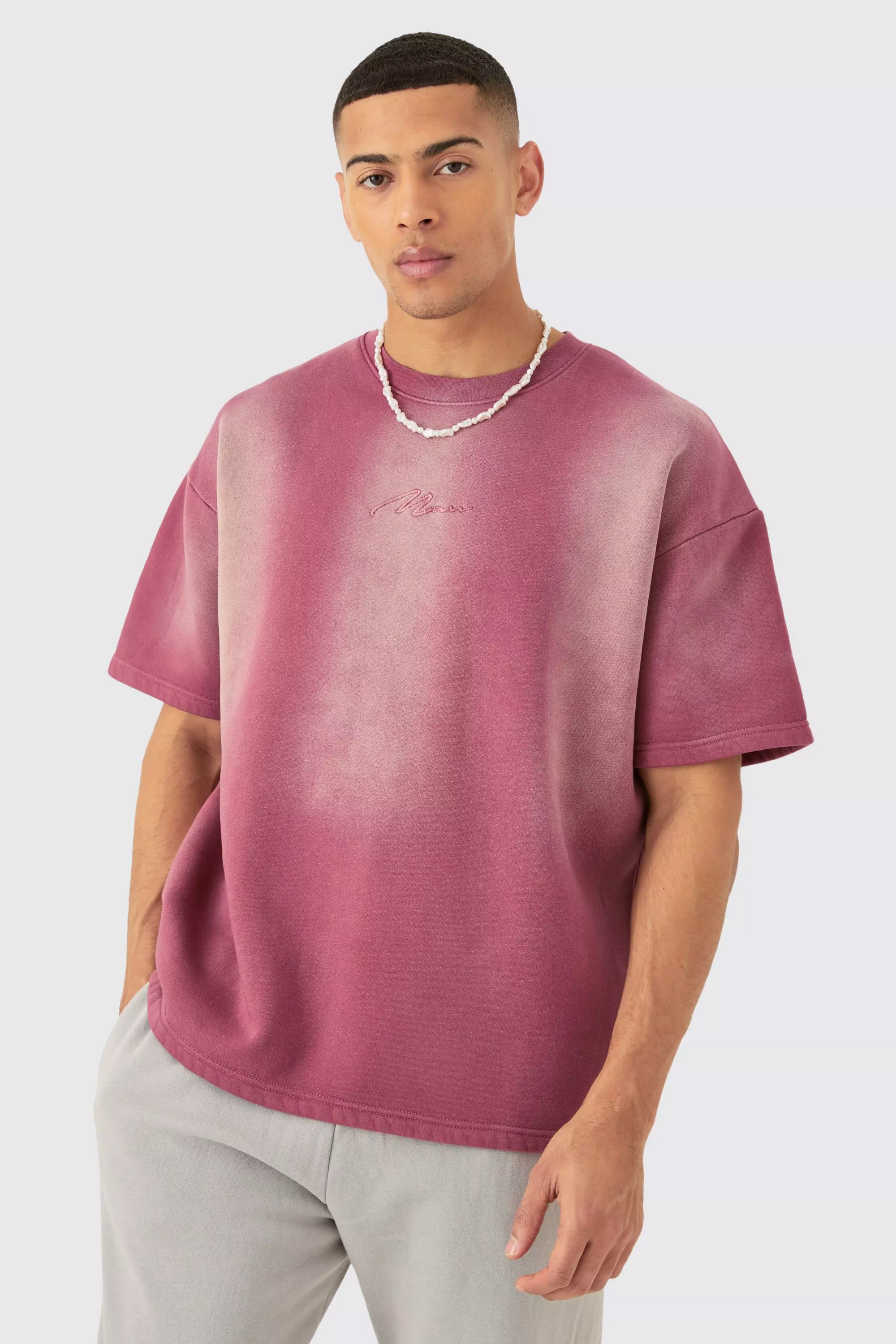 Man Oversized Half Sleeve Sun Bleach Sweatshirt Pink