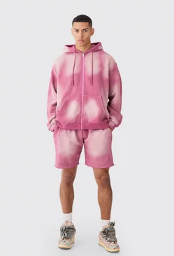 Man Oversized Sun Bleach Zip Through Hooded Short Tracksuit Pink