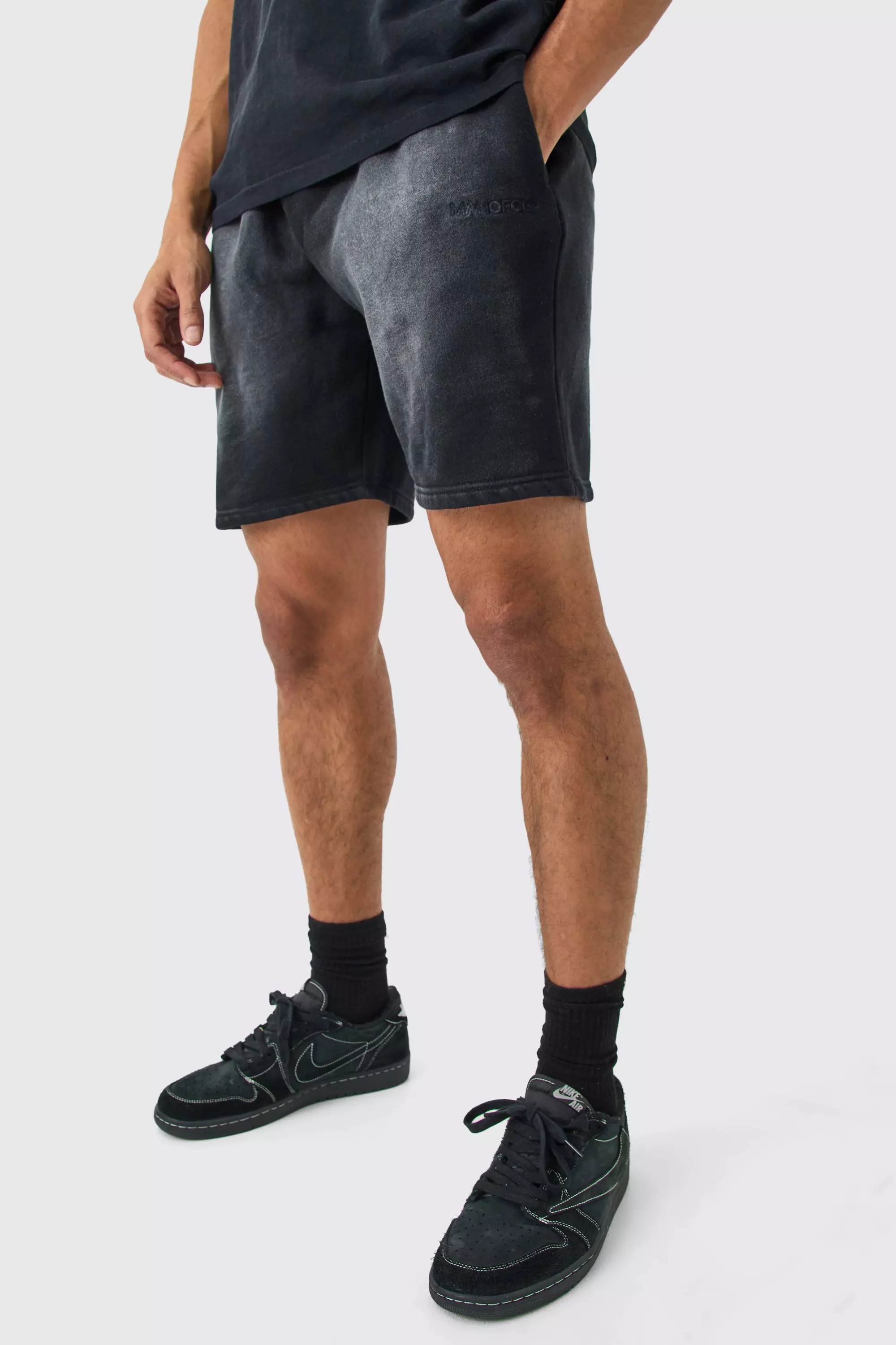 Man Relaxed Fit Sun Bleach Washed Shorts Black