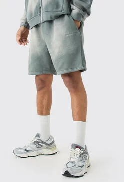 Man Relaxed Fit Sun Bleach Washed Shorts Grey