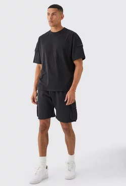 Man Oversized Cargo T-shirt And Relaxed Short Set Black