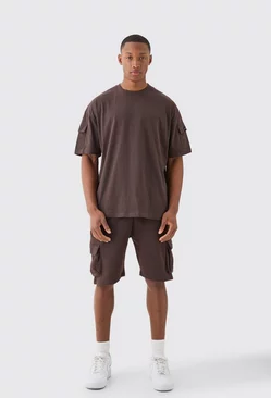 Chocolate Brown Man Oversized Cargo T-shirt And Slim Short Set