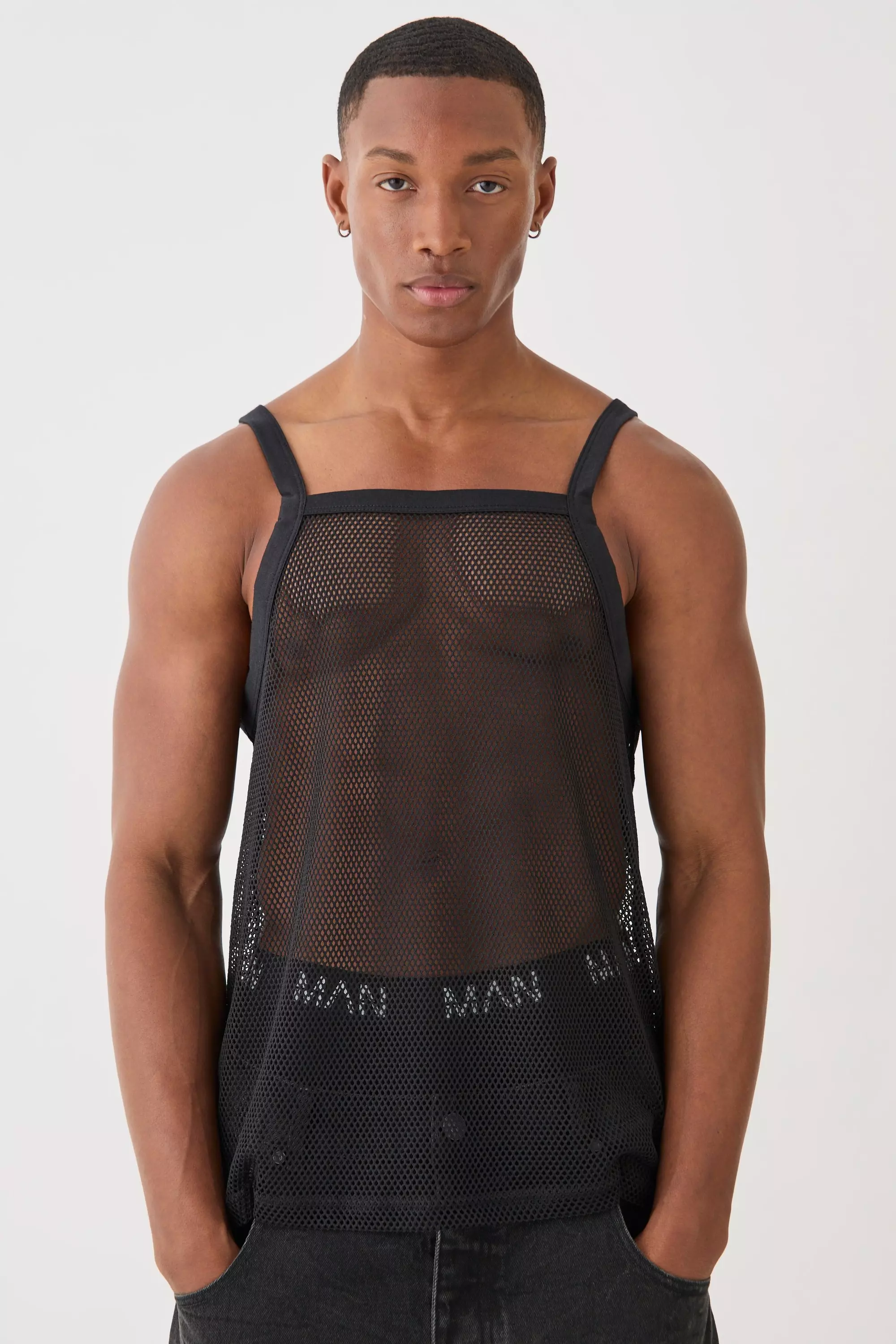 Square Neck Open Mesh Vest Black