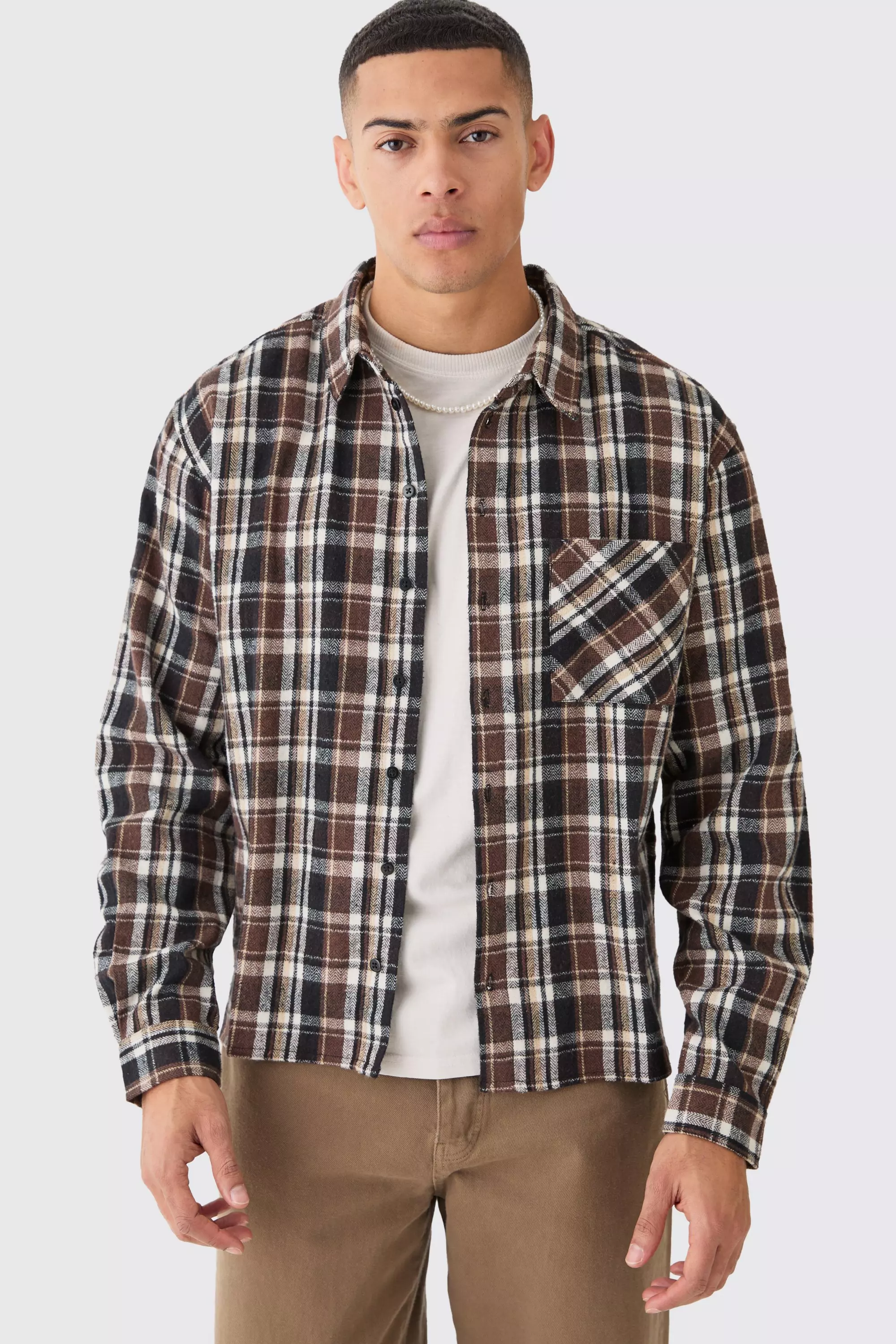 Boxy Pocket Flannel Shirt Brown