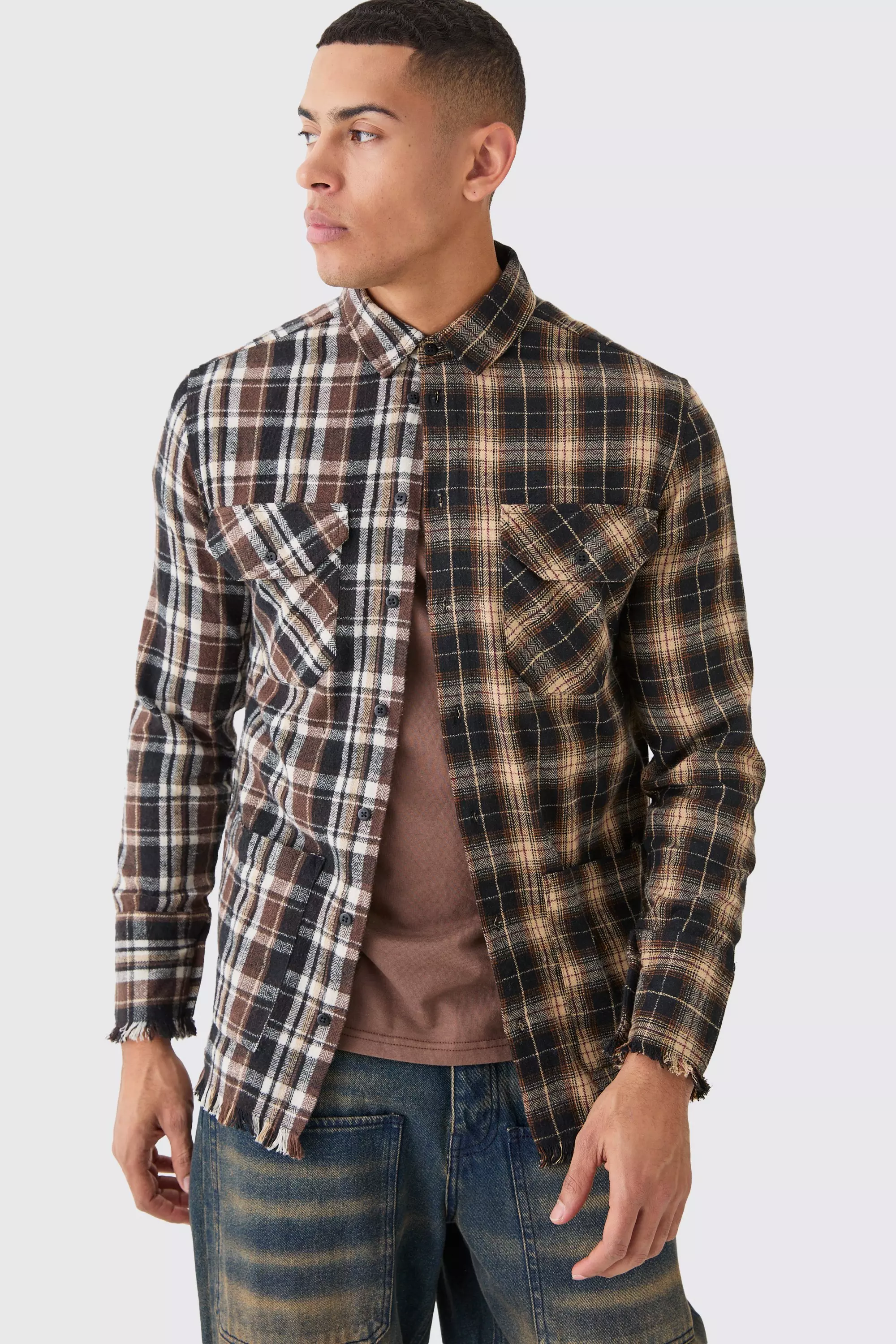 Spliced Frayed Flannel Shirt Brown