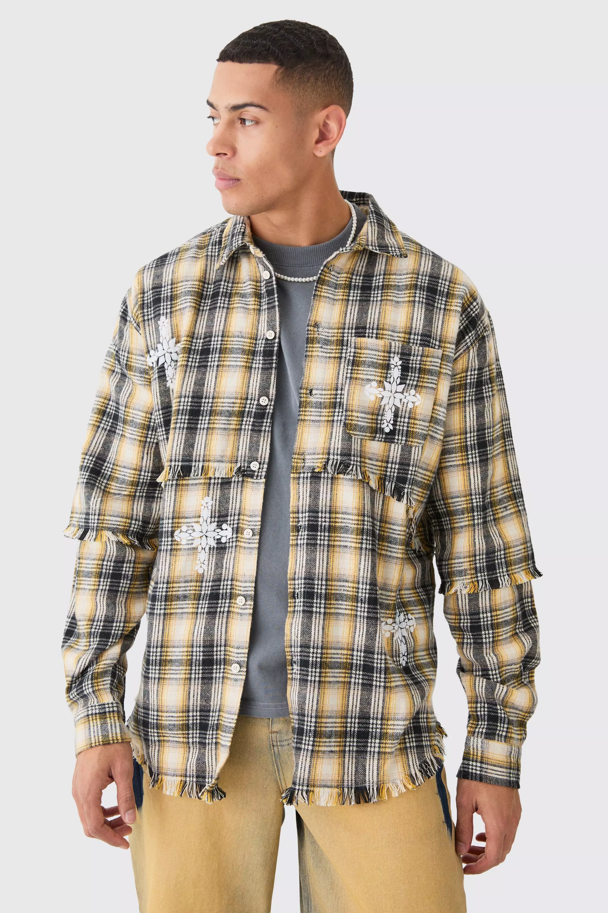 Yellow Oversized Layered Print Flannel Shirt