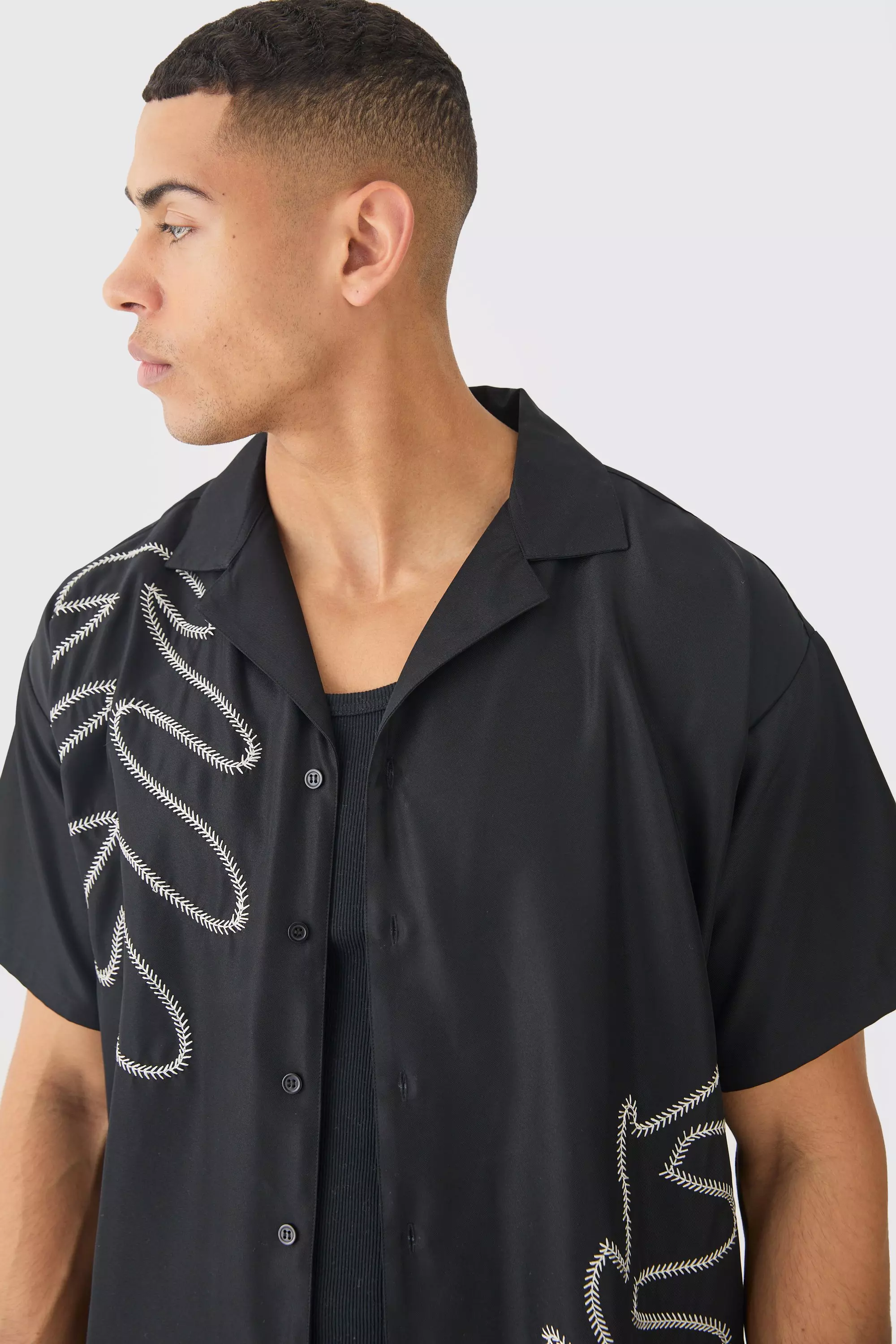 Black Boxy Soft Twill Cartoon Leaf Embroidered Shirt alternative image